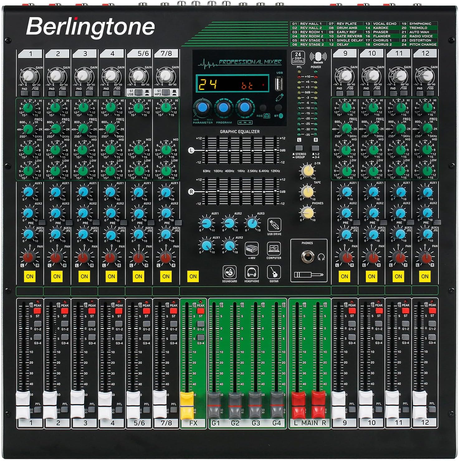 12-Channel Professional Bluetooth Analog Audio Mixer with USB, PC Recording, 24 DSP Effects, 48V Phantom Power, 10 Microphone Jack, 14 Band EQ, RCA Input/Output, Unpowered (BR-212MX)