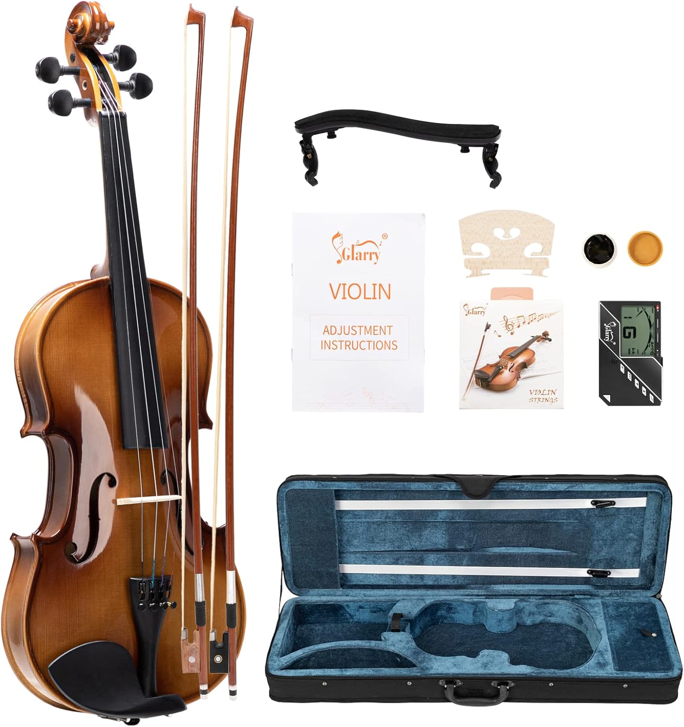 GLARRY Violin 4/4 Full Set- Solidwood Fiddle with Tuner Bow Case Shoulder Rest, Including Acoustic Violin Strings for Beginners Adults (Light)