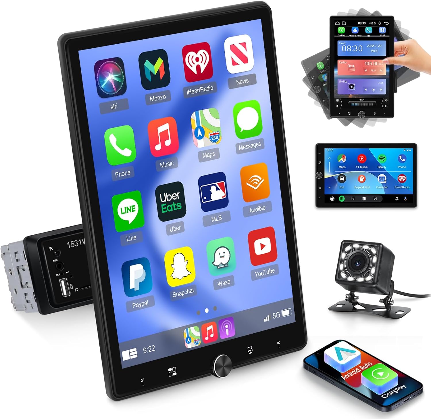 Single Din Vertical Car Stereo 10.4 inch Rotatable Touch Screen Radio - Wireless Carplay/Android Auto/EQ Audio/Bluetooth/GPS Navigation/FM Radio/SWC +Backup Camera