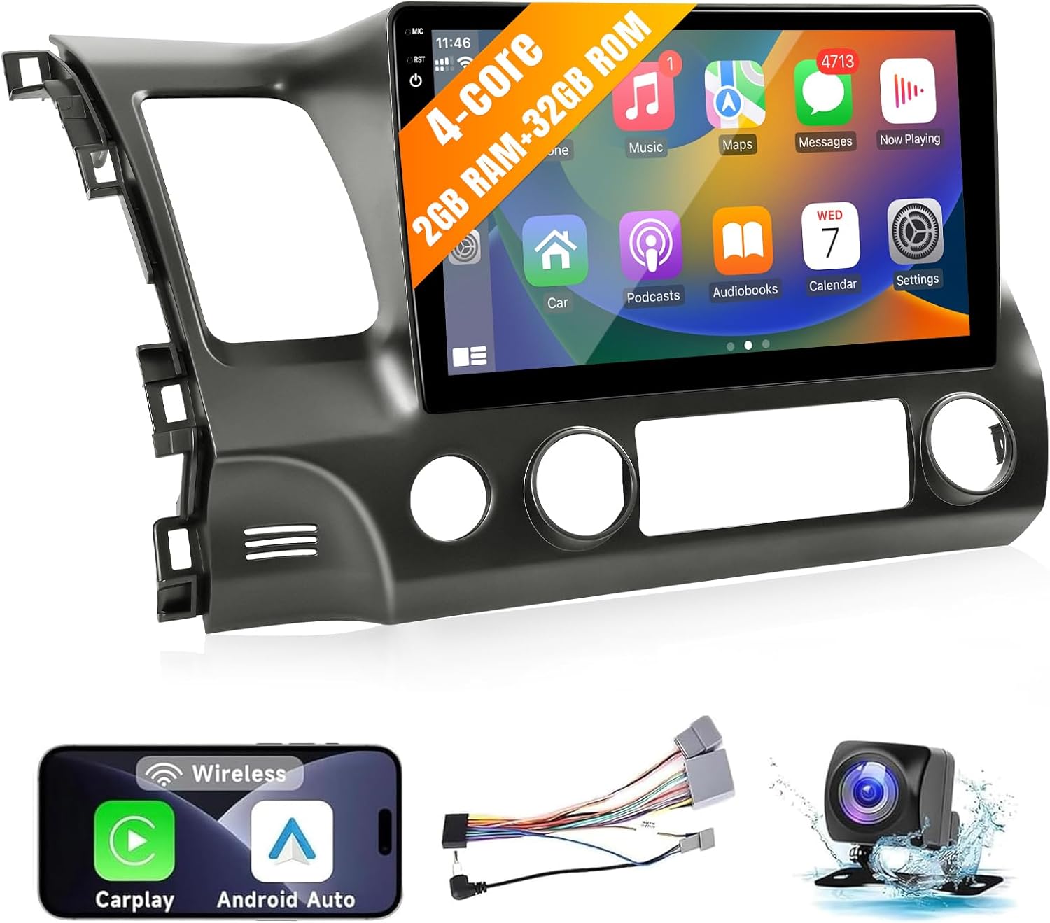 Leadfan Car Stereo Radio Support Wireless CarPlay & Android Auto for Honda Civic 2006 2007 2008 2009 2010 2011, 10.1 Inch IPS Touch Screen Bluetooth Car Stereo with GPS Navigation WiFi Rear Camera