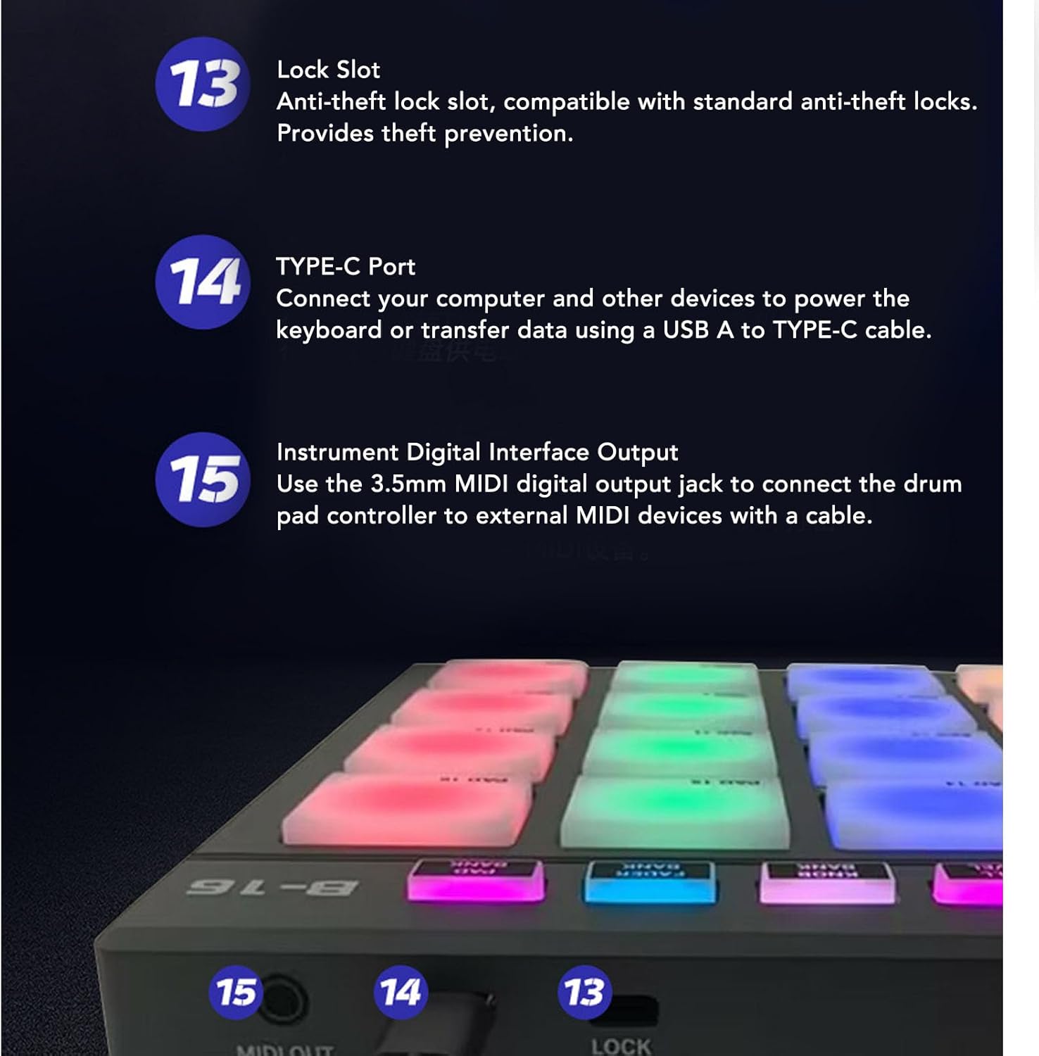MIDI Controller Pad, Customizable Keys, with 16 RGB Drum Pads, 2 fader, 2 knobs, Portable MIDI Drum Pad, for Music Production