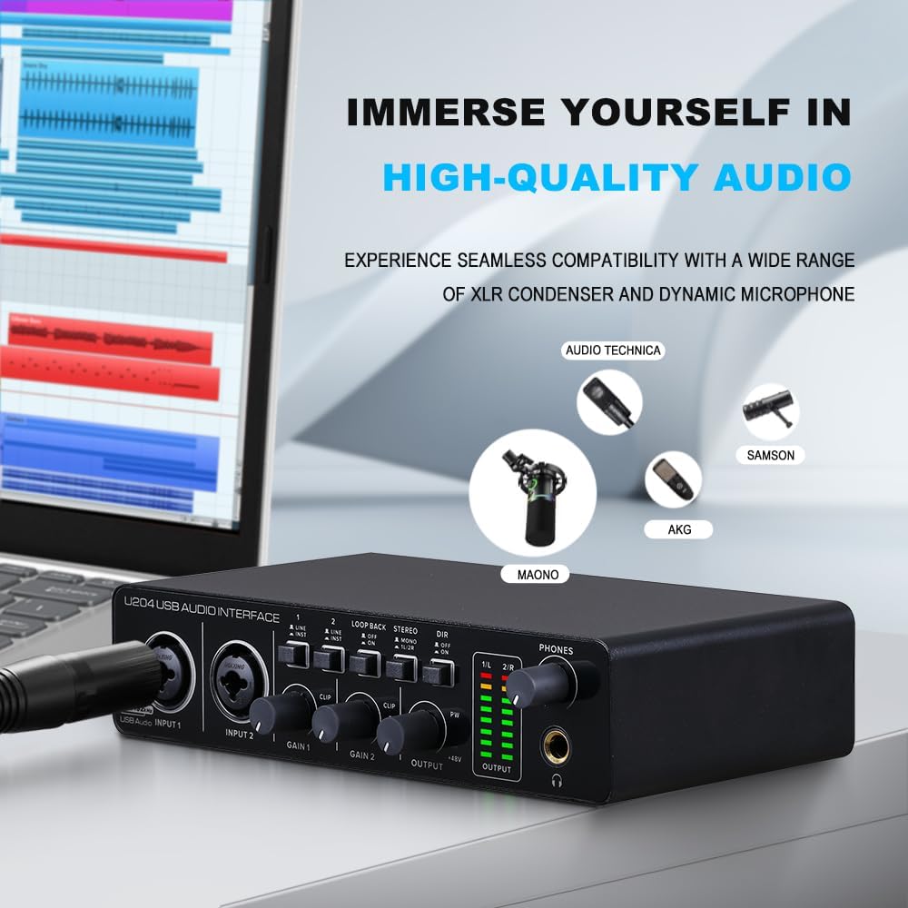 BOMGE U204 USB Audio Interface for PC Computer Recording Music, 2x2 Guitar Audio Interface for Mac 32Bit/192kHz Podcasting Streaming for Vocalist Producer with 48V Phantom
