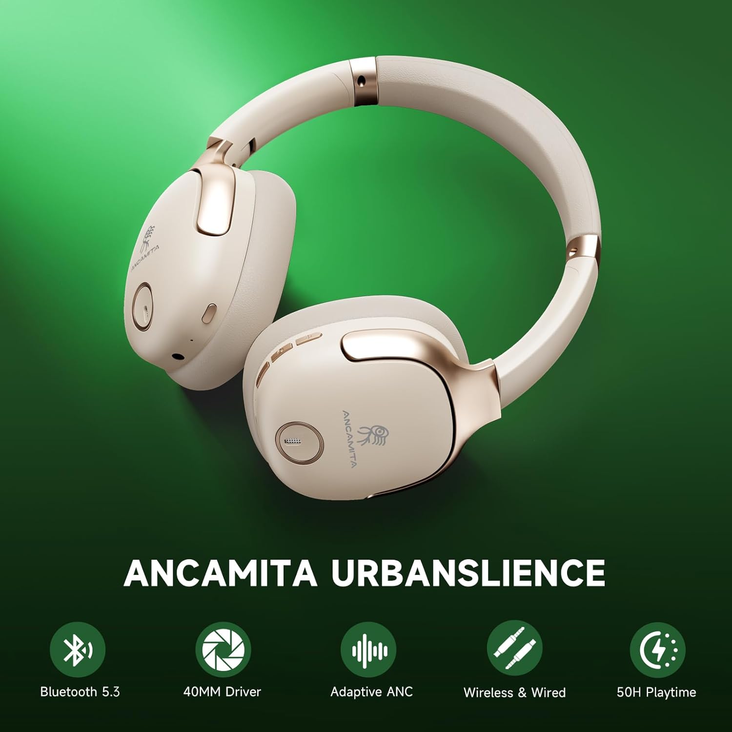 Wireless Hybrid Active Noise Cancelling Headphones, 50H Playtime Wireless Over Ear Headphones with Microphone, HiFi Deep Bass, Comfortable Foldable Earphones for Travel/Work (Off White)