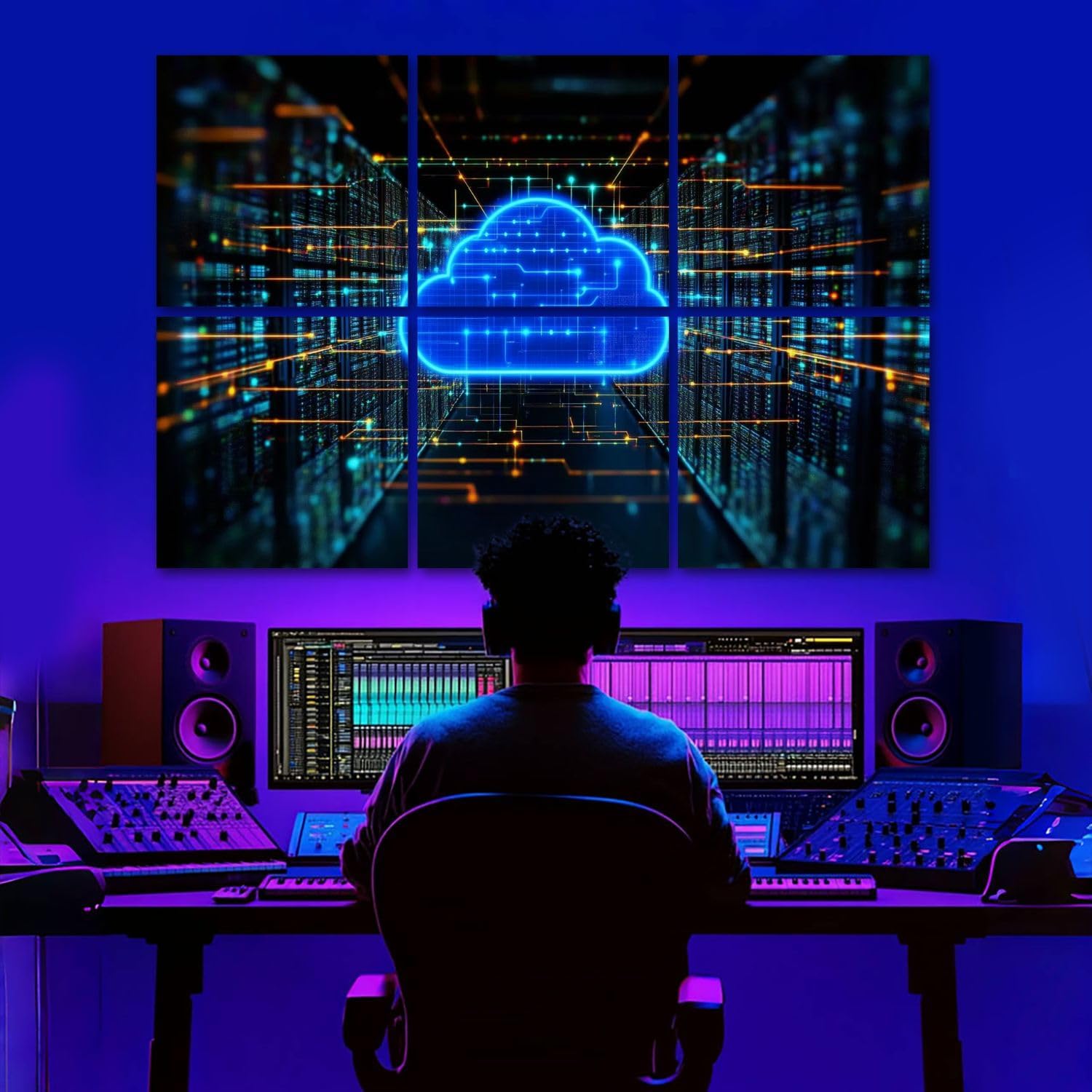 6 Pack Art Acoustic Panels Data storage cloud computing glowing blue cloud symbol microcircuit Soundproof Wall Panels, 48