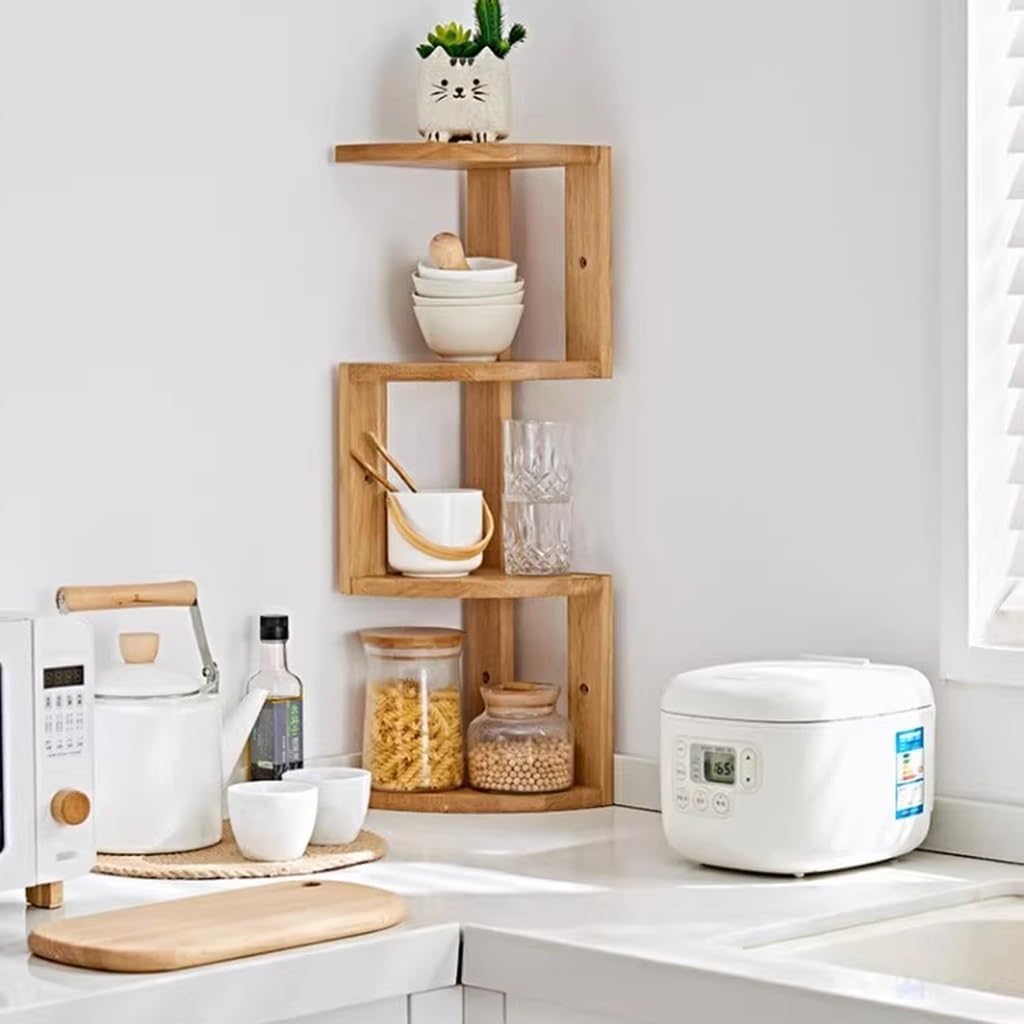 Wooden Corner Shelf 4 Tier Wall Mount Wood Floating Shelves for Corner Plant Stand, Corner Bookshelf, Bedroom Living Room Kitchen Office Decor