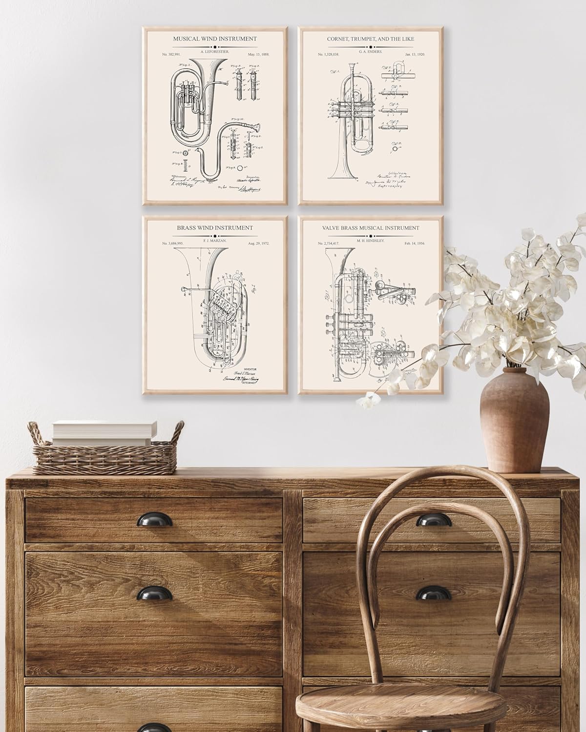 Poster Master 4-Piece Trumpet Blueprint Poster - Horn Patent Print - Tuba Art - Music Art - Technical Drawing Art - Cornet Art - Wind Instrument Art - Music Room Wall Decor, 24x32 Unframed Wall Art