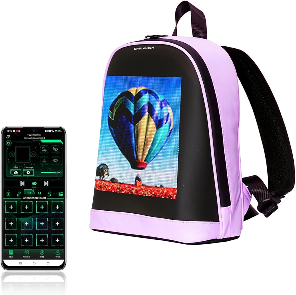 Crelander LED Backpack, 12 inch Small Laptop Backpack with Programmable Screen Smart Dynamic Fashion Shoulder Bag for Women Daily Use Cycling Travel Daypack App Control, (purple)