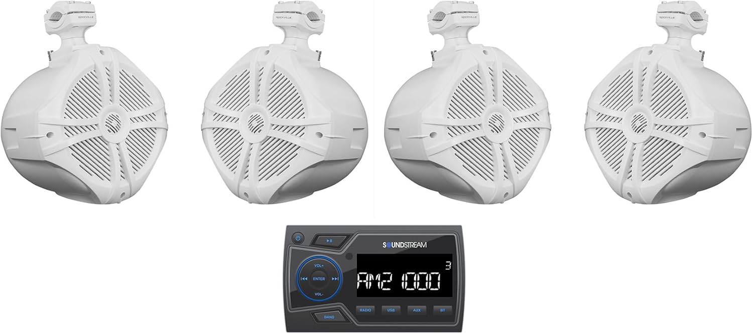 Audiosavings Bundle: Soundstream MHU-32 Marine ATV/UTV Digital Media Receiver Bluetooth/AUX/USB Bundle with (4) Rockville RWB90W White 8