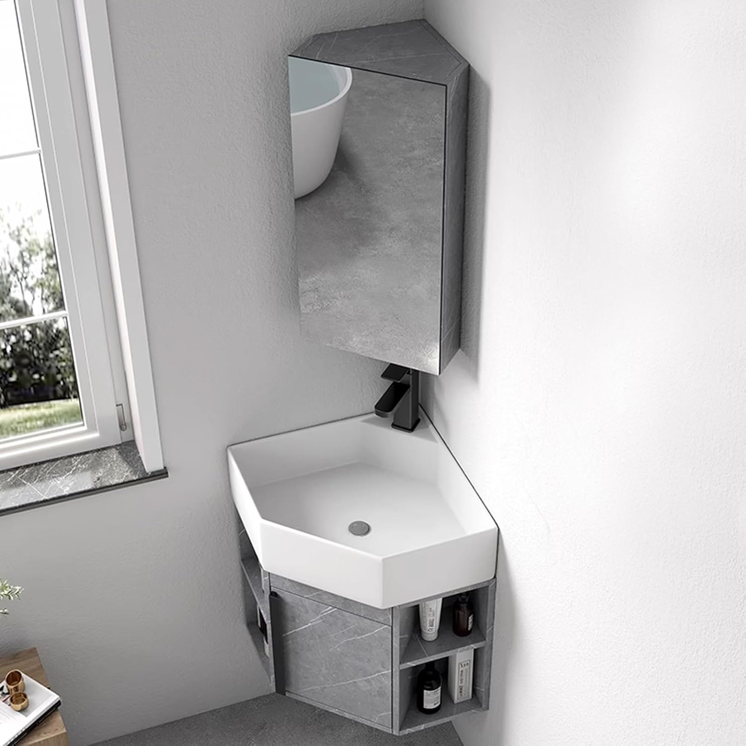 Small Wall Mount Corner Bathroom Vanity Sink Combo, Corner Vanity Cabinet with Ceramic Sink & Mirror Cabinet, Wall Mounted Utility Washing Hand Basin Design, for Small Space(40cm/15.7in) (One Co