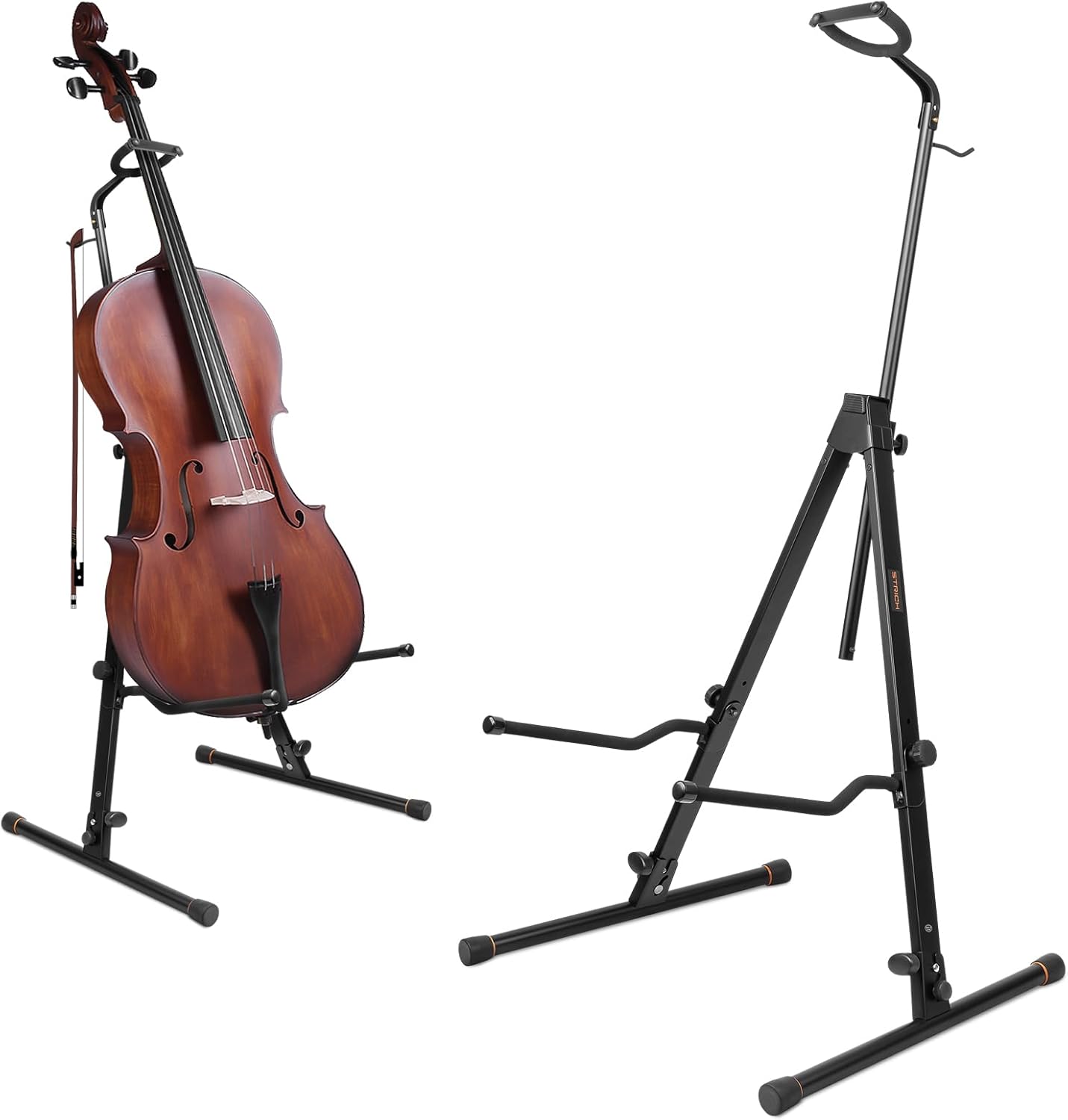 STRICH Adjustable Cello Stand with Bow Hook,Sturdy and 1/2 & 1/4 Double Bass,Contrabass,Bass,Fiddle,Floor Steel Holder for Home Studio Churches Display Travel Performance,SCS-10