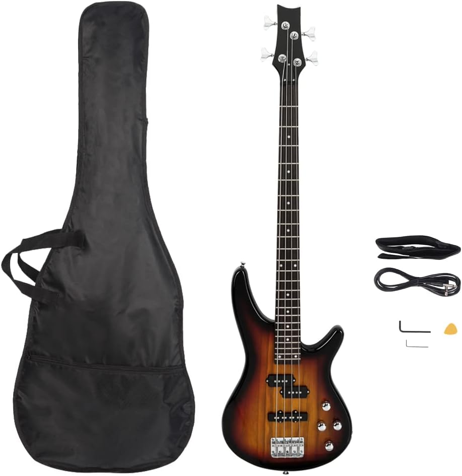 Lykos Exquisite Stylish GIB Electric 4 String Bass Guitar Full Size Bag + Strap + Connector + Plectrum + Wrench Tool (Sunset)