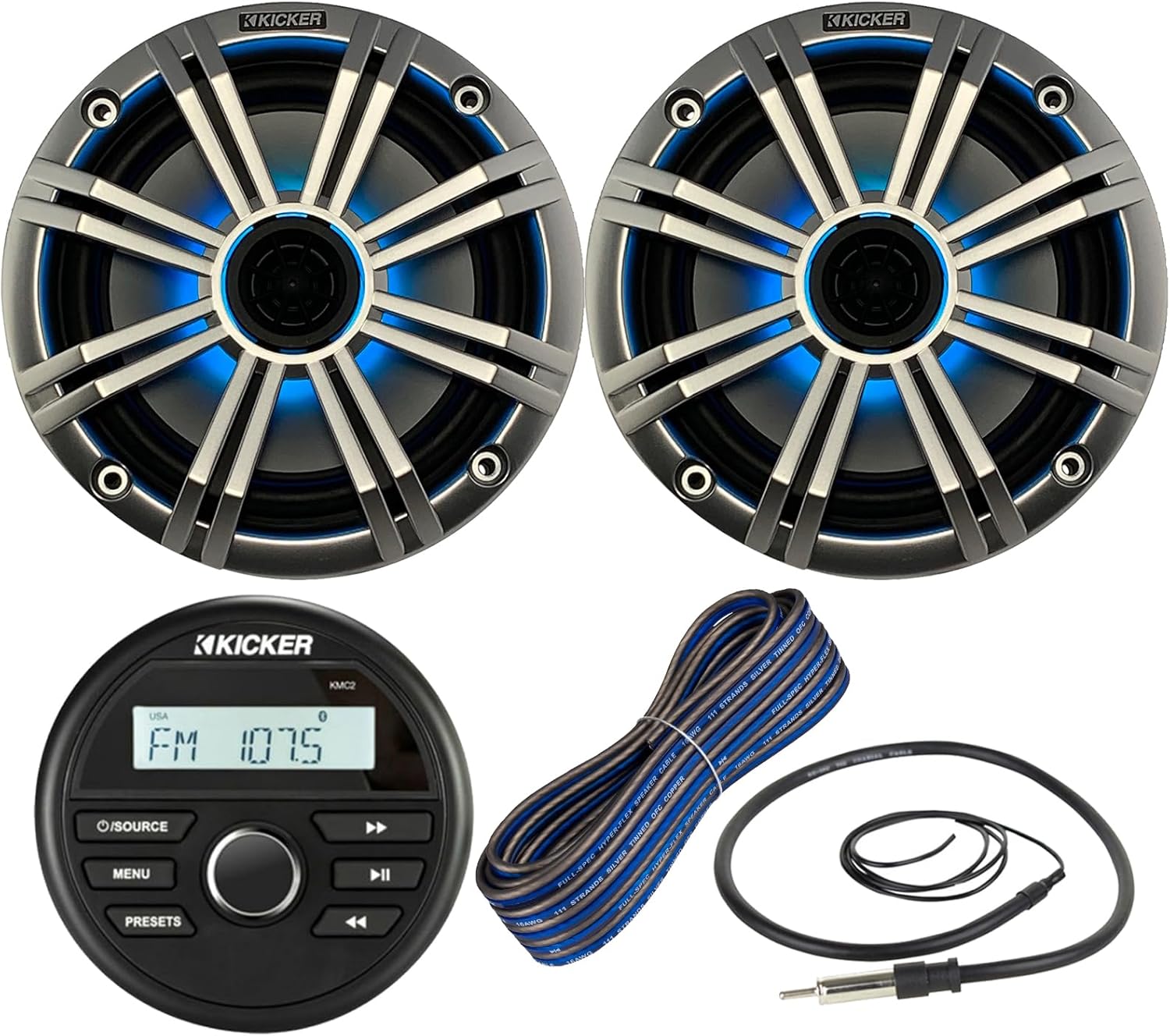 Kicker All-Weather Marine Gauge Style Bluetooth USB Stereo Receiver Bundle Combo with (Qty 2) 6.5