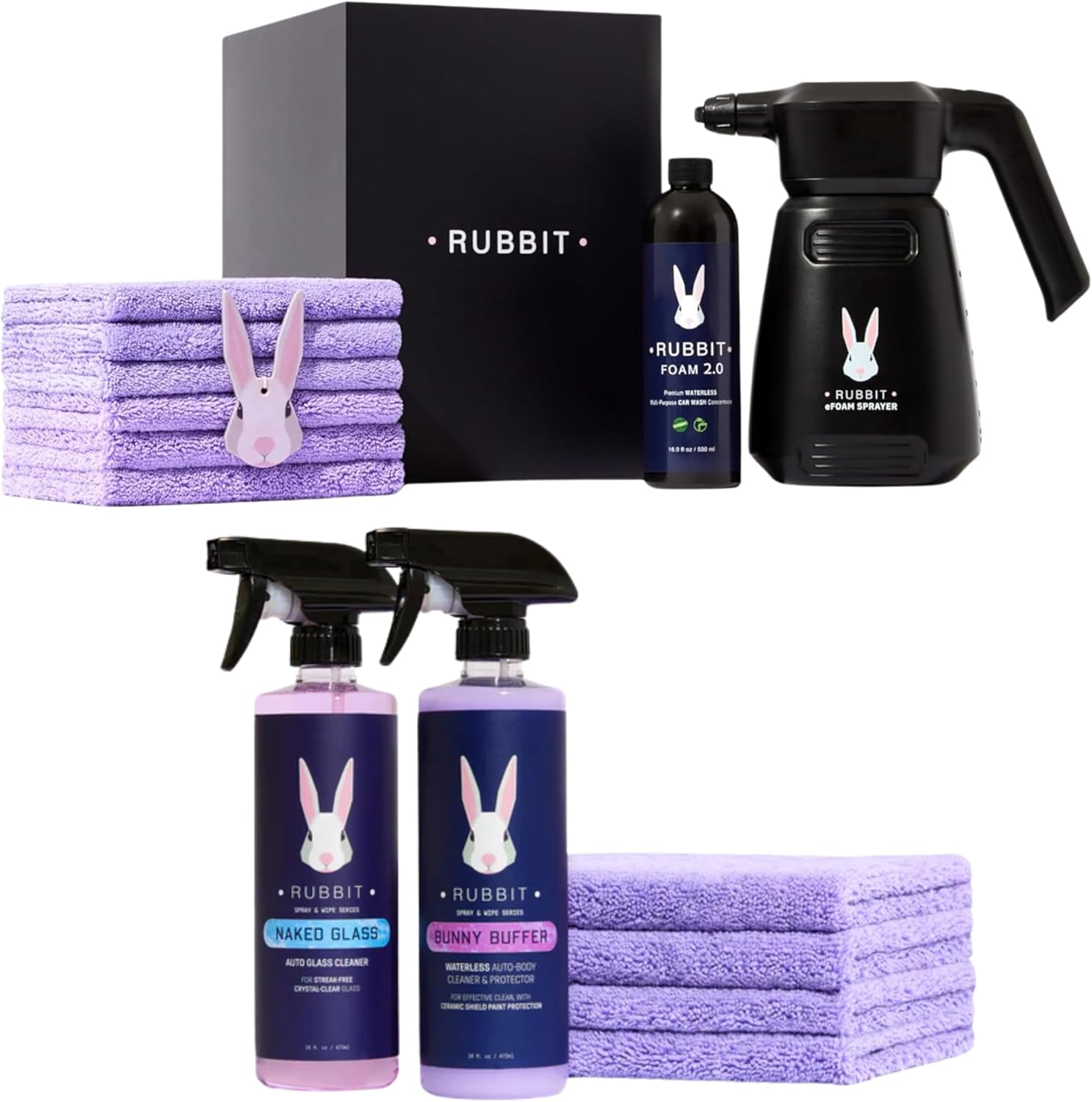 Ultimate Waterless Car Wash Bundle – Electric Plus Kit with Rechargeable Foam Sprayer, Foam 2.0 Solution, Bunny Buffer Ceramic Protectant, Glass Cleaner & 10 Microfiber Towels – Complete No-Rin