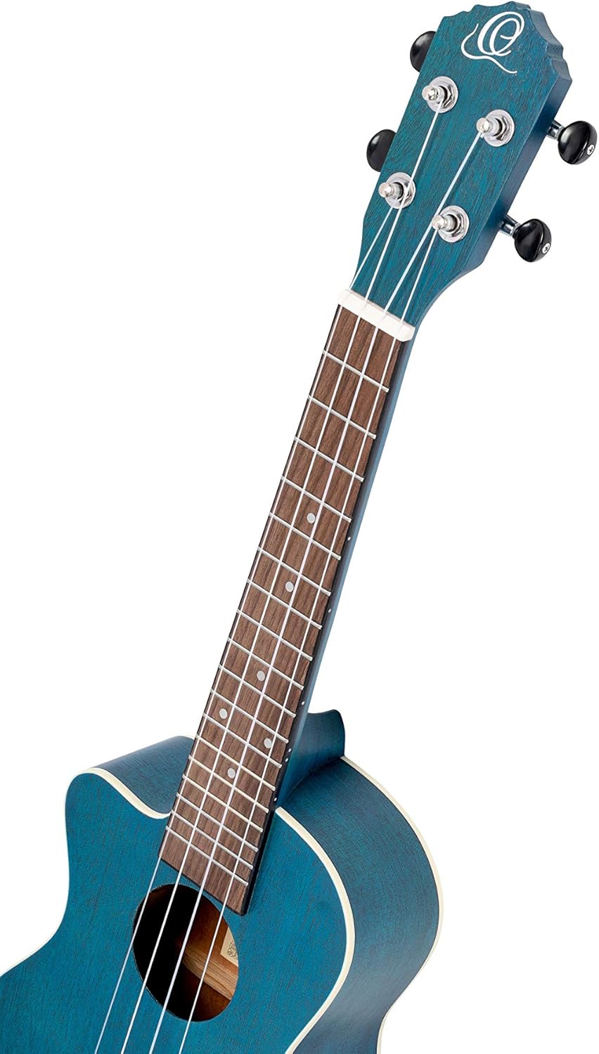 Ortega Guitars, 4-String Earth Series Concert Left-Handed Acoustic/Electric Ukulele, Transparent Ocean Blue, (RUOCEAN-CE-L)