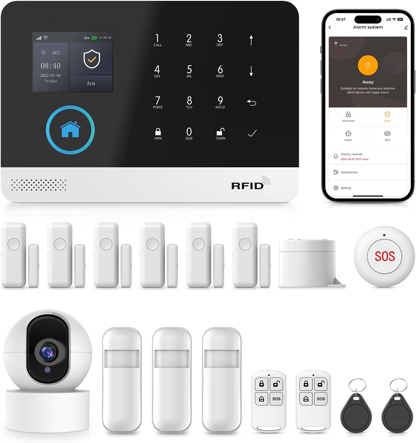 PGST Wireless Home Security System, 17-Piece Kit, Outdoor Camera, Phone APP Alert, Door Sensor, Siren, Remote, Motion Detector, Compatible with Alexa (103-D-T53)