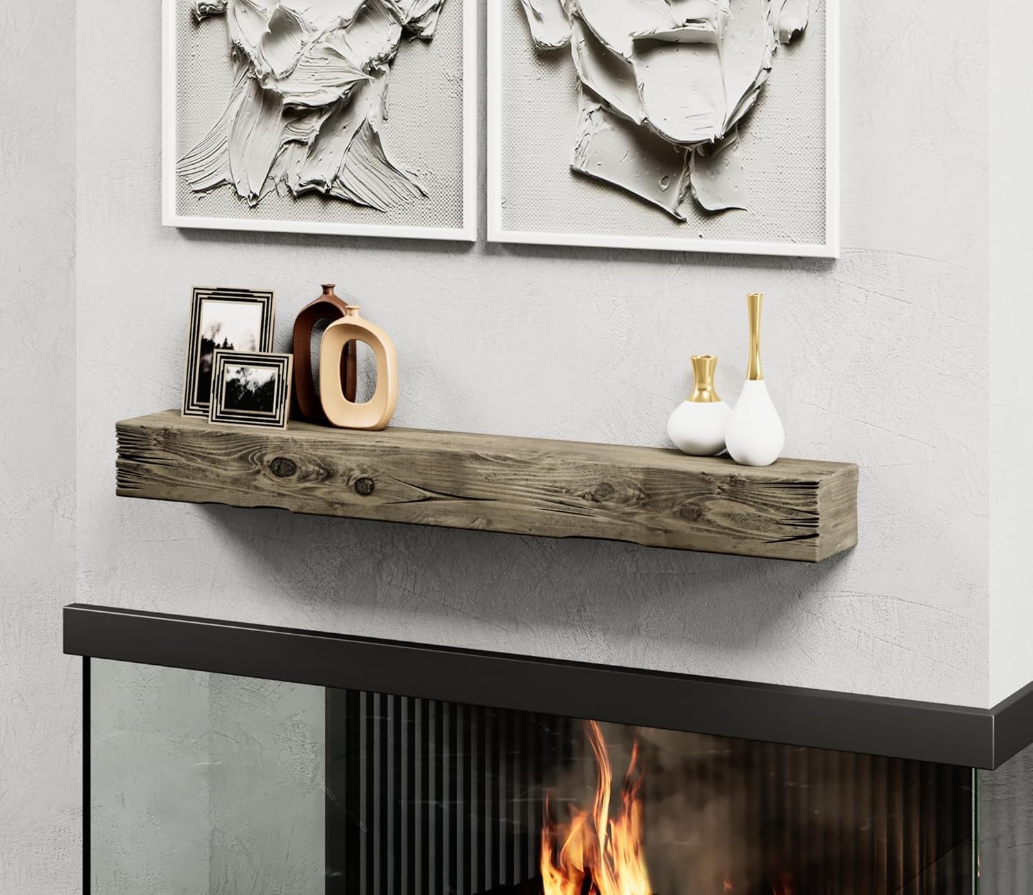URBANDI Fireplace Mantel, Distressed, Rustic, Floating Shelf, Modern, Real Wood. (48Lx6Hx8D, Grey)