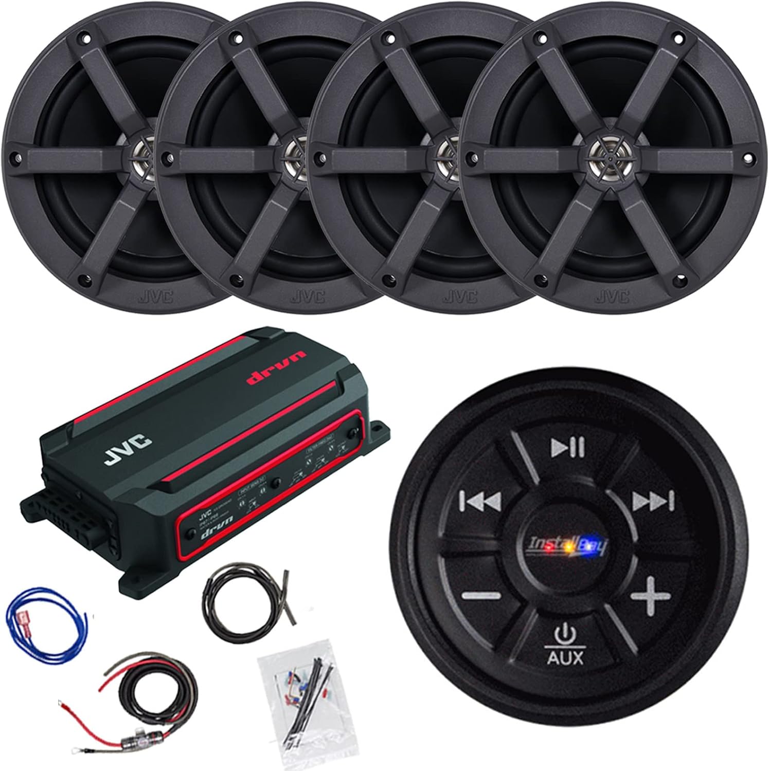 JVC 4-Channel 600 Watt Max Compact Marine Digital Amplifier Bundle Combo with Waterproof Bluetooth Audio Receiver, 4X 6.5 100 Watt Peak Power 2-Way Black Boat Audio Speakers, Wiring Kit