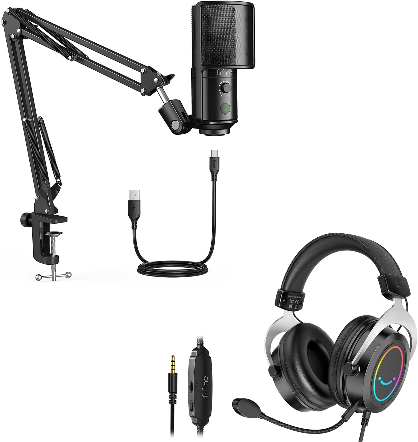 FIFINE Condenser Microphone Arm Stand and Gaming Headset Kit, Podcast Microphone with Boom Arm Stand, Mute Tap, Gain Knob, Over-Ear Headset with 3.5mm Audio Jack for Streaming Recording(T669PRO1+H3)