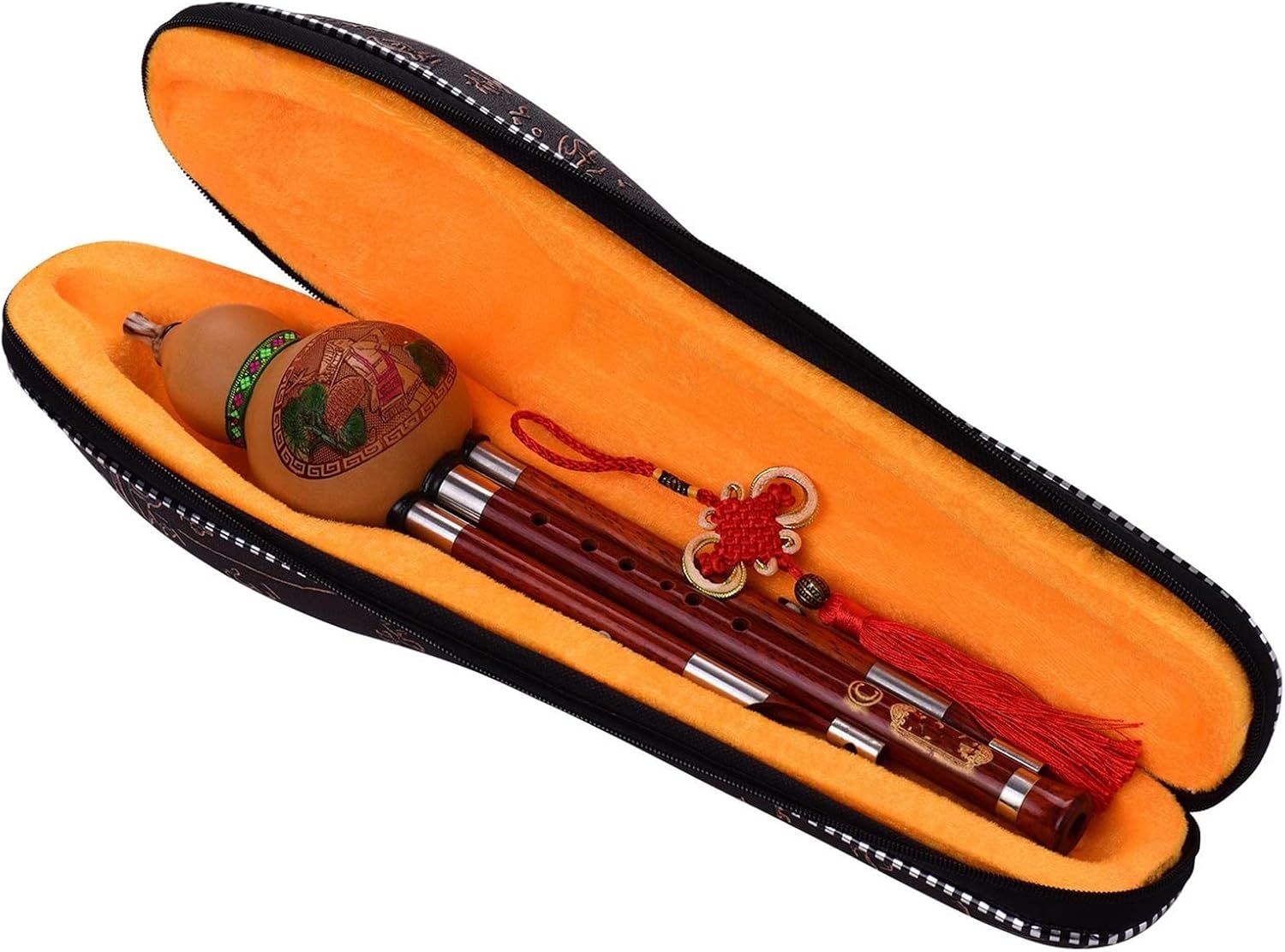 FLFL Hulusi 3 Tone C-Key Hulusi Cucurbit Flute Solid Wood Pipes with Carry Case