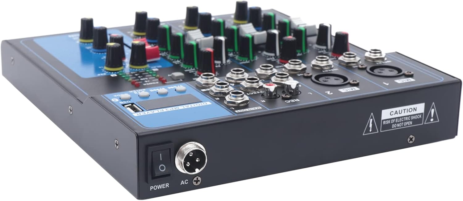 4 Channel Professional Wireless DJ Audio Mixer, USB Bluetooth Audio Stereo Speaker Home Audio Receiver Effects, 48V phantom Power for Home Theater System, Karaoke, Streaming