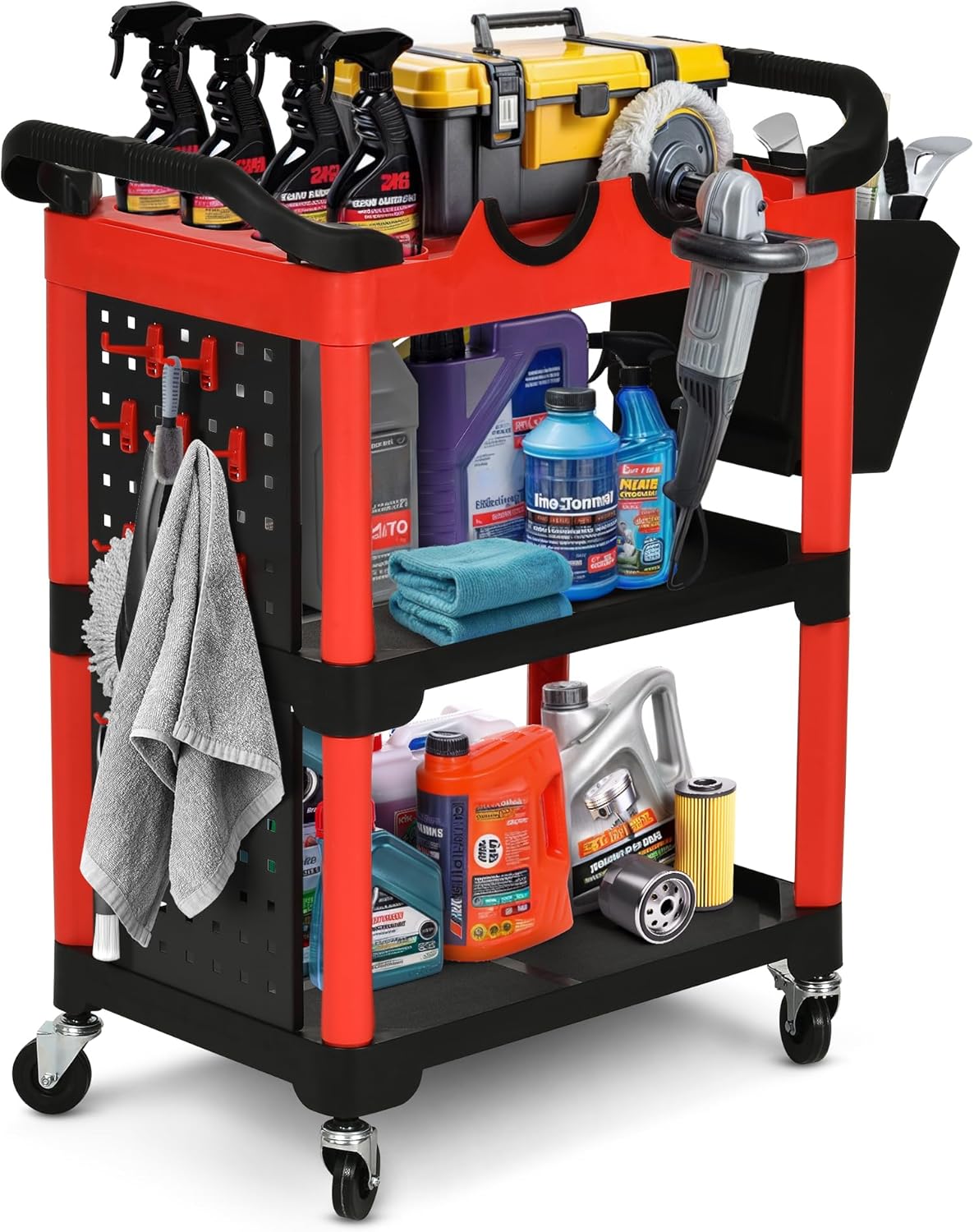 DWVO Auto Detailing Cart with Wheels, 3-Tier Rolling Tool Organizer with 2 Polisher Brackets, 17