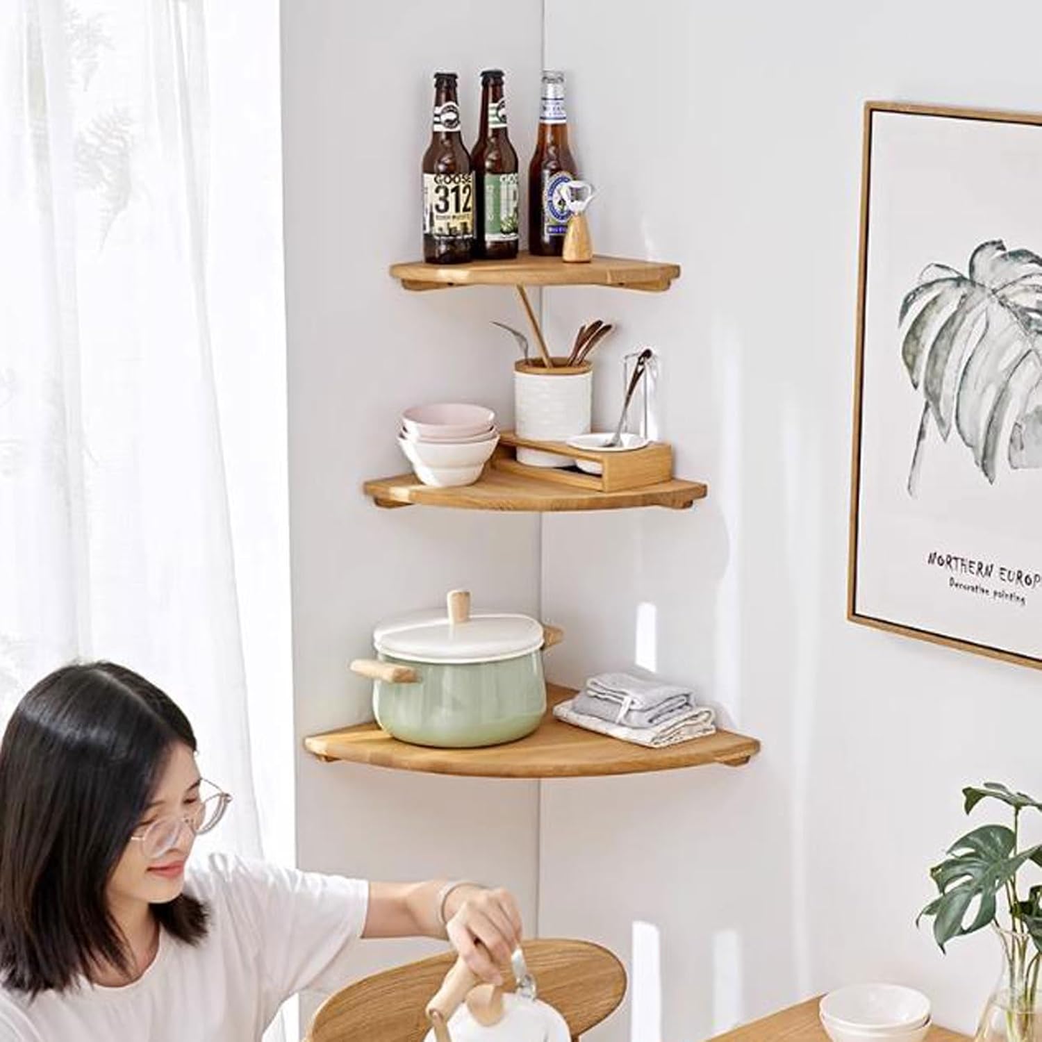 Wall Shelves Set of 3 Corner Solid Oak Floating Corner Shelf Wall Mount, Wall Display Rack, Easy to Install(Nature-3pcs Set)