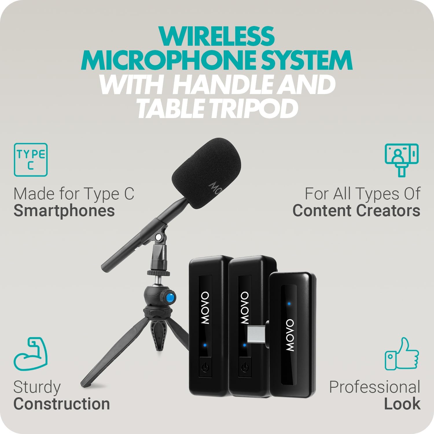 Movo Wireless Mini UC-Duo USB-C Wireless Microphone for iPhone 15/16/Android/PC/Macbook Podcast Equipment Bundle with WMX-HM Handle/Desktop Mic Stand for Podcasting, Interviews, and Content Creation