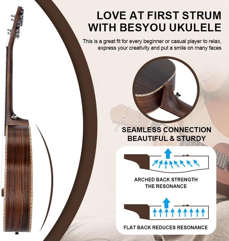 23 Inch Spruce Rosewood Concert Ukulele Beginner Kids and Adult Student Travel Wooden Ukelele Kit with Tuner Gig Bag Strap Carbon Nylon String Picks Cloth Gift Choice
