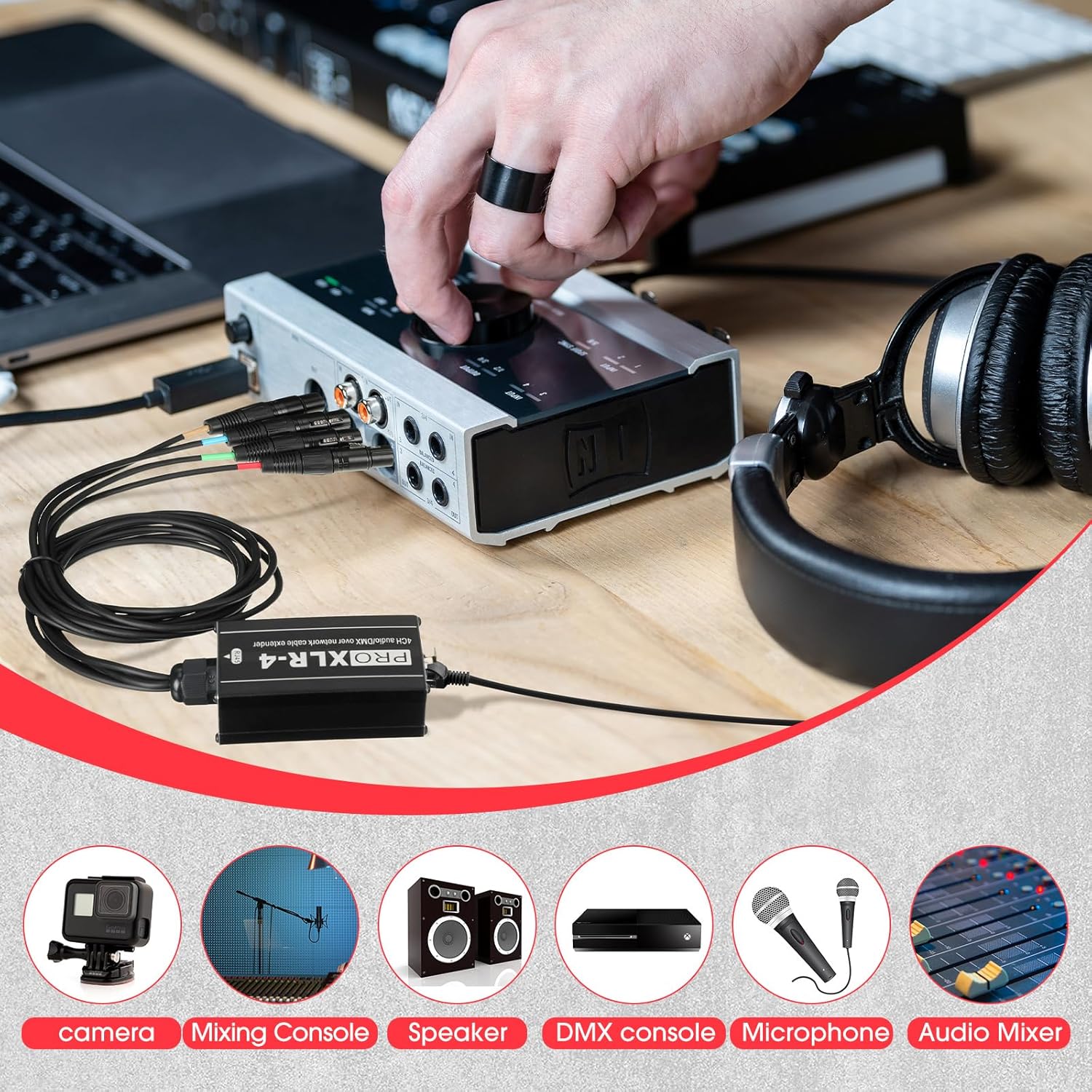 Flutesan 4 Pack 4 Channel 3 Pin Audio Snake XLR Cable XLR Over Rj45 Multi Network Snake Receiver with 3.3 ft Cable Box Extender for Stage Lighting Home Recording Studio(Black Plug)