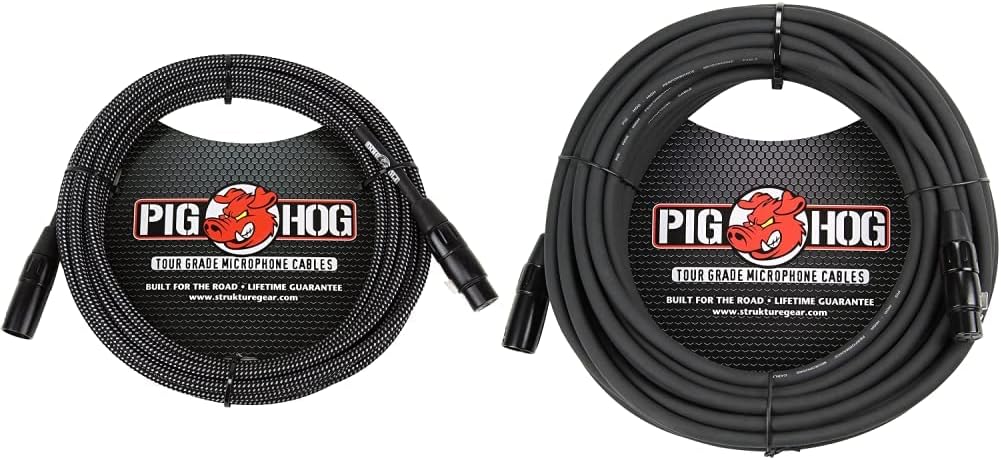 Pig Hog PHM20BKW Black/White Woven High Performance XLR Microphone Cable, 20 Feet & PHM50 High Performance 8mm XLR Microphone Cable, Black, 50 Feet