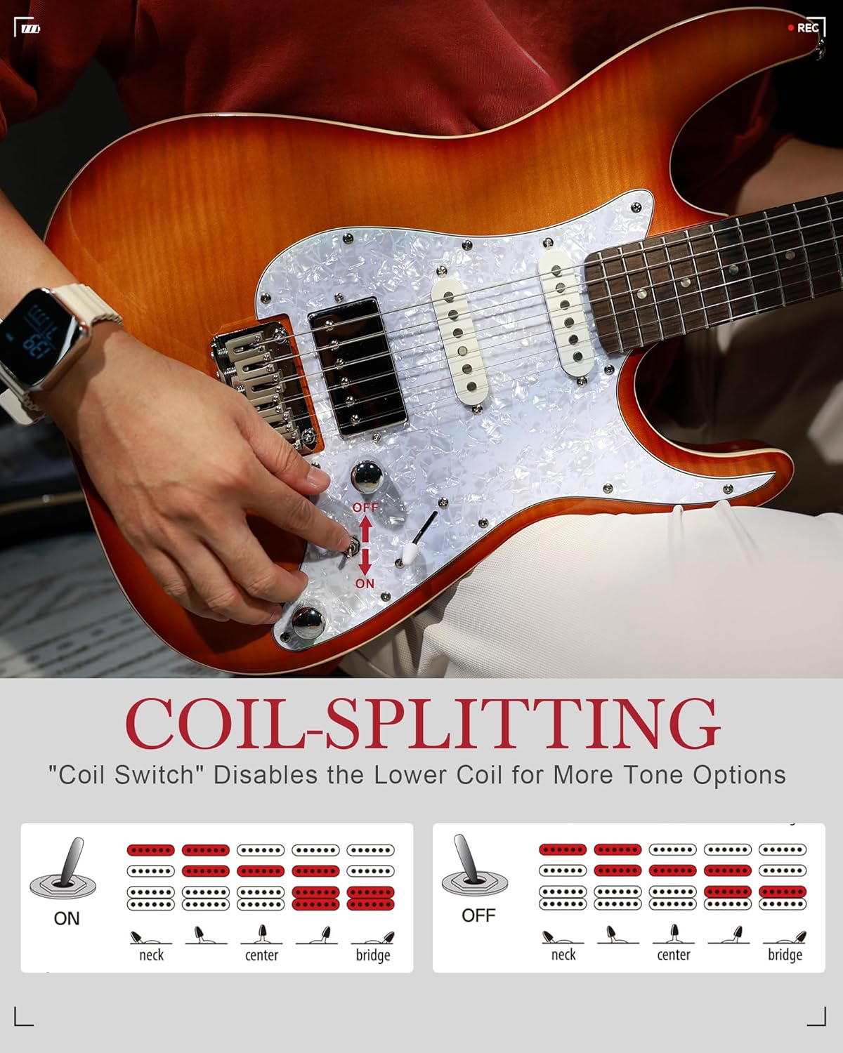 AKLOT Solid Body Electric Guitar - Flame Maple Top, HSS Alnico V Pickups with Coil-Split, Roasted Maple Neck, Locking Tuners, Veltrix Series, Inferno Burst