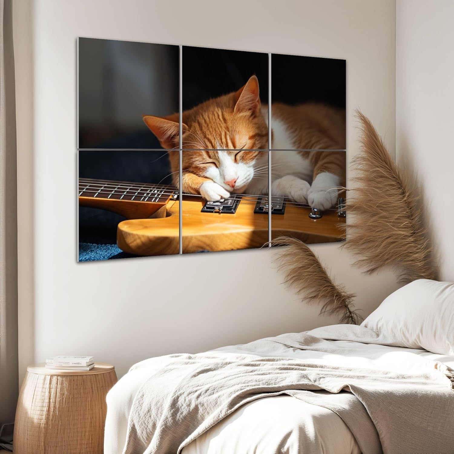 6 Panels Art Acoustic Panels Cute ginger cat lying cushion next to beautiful wooden bass guitar Soundproof Wall Panels Padding Decorative Sound Absorbing Panel 72