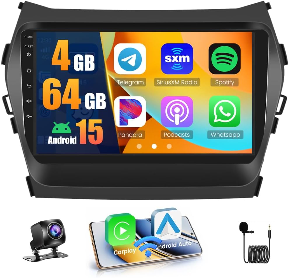 [DSP 4+64G] Android 15 Car Stereo for Hyundai Santa Fe 2013-2017, Hikity 9'' IPS Touch Screen SantaFe Radio Wireless Carplay Android Auto 1280*720P/5G WiFi/GPS/SWC, Bluetooth//FM/RDS/32EQ Backup Cam