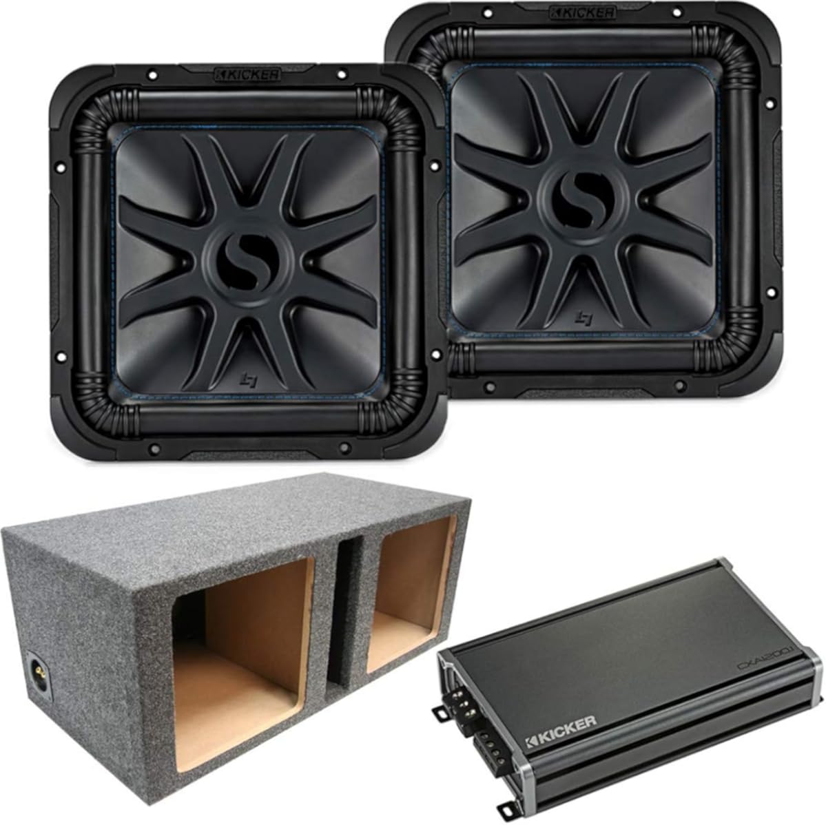 Kicker 44L7S102 Car Audio Solo-Baric 10 Square L7 Dual 2 Ohm Subwoofer, 46CXA12001 Class D Amp Mono 2400W Peak Sub Amplifier and 210SQV Dual 10