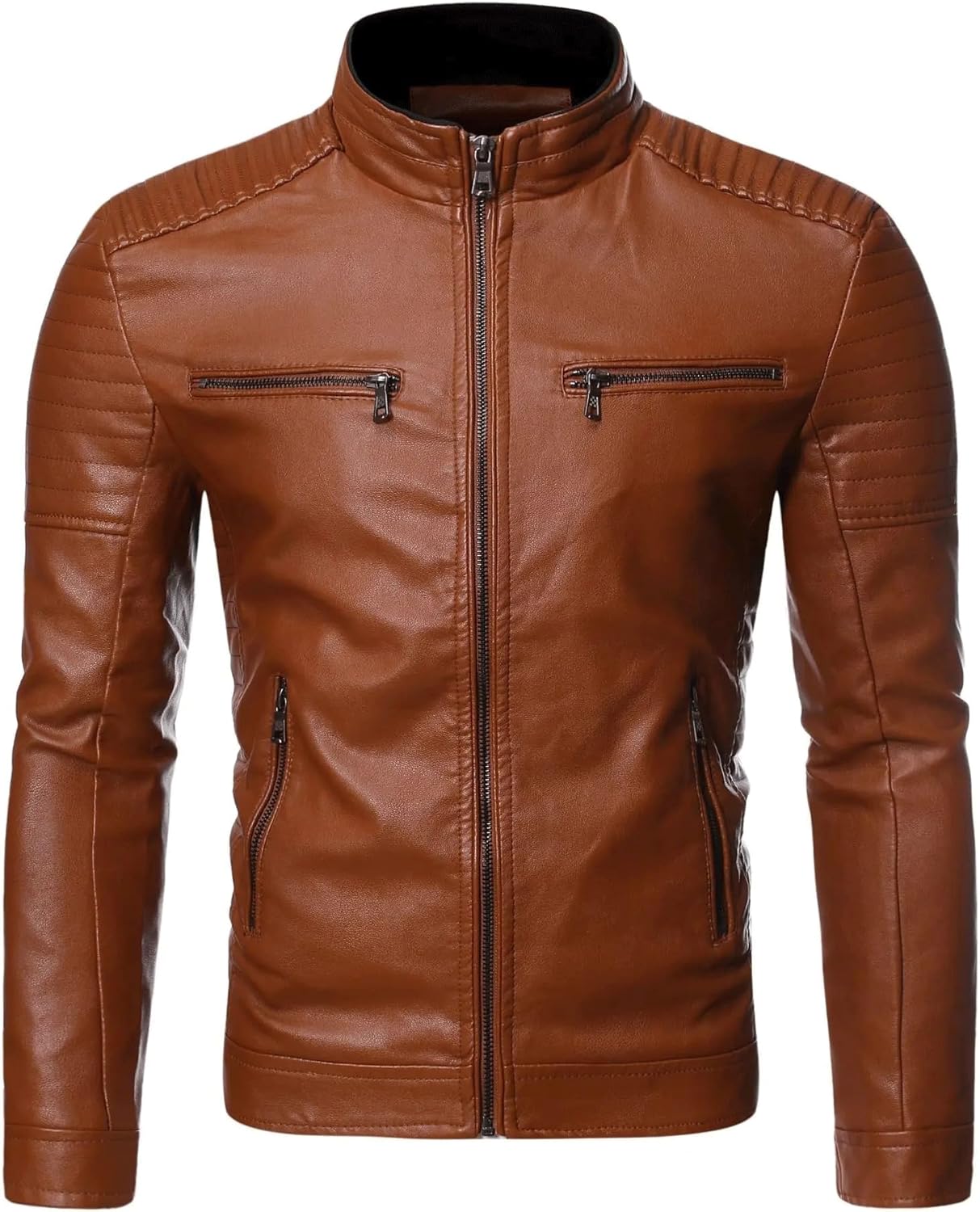 Men's Stand Collar Leather Jacket Motorcycle Lightweight Faux Outwear Racing Jackets Motocross