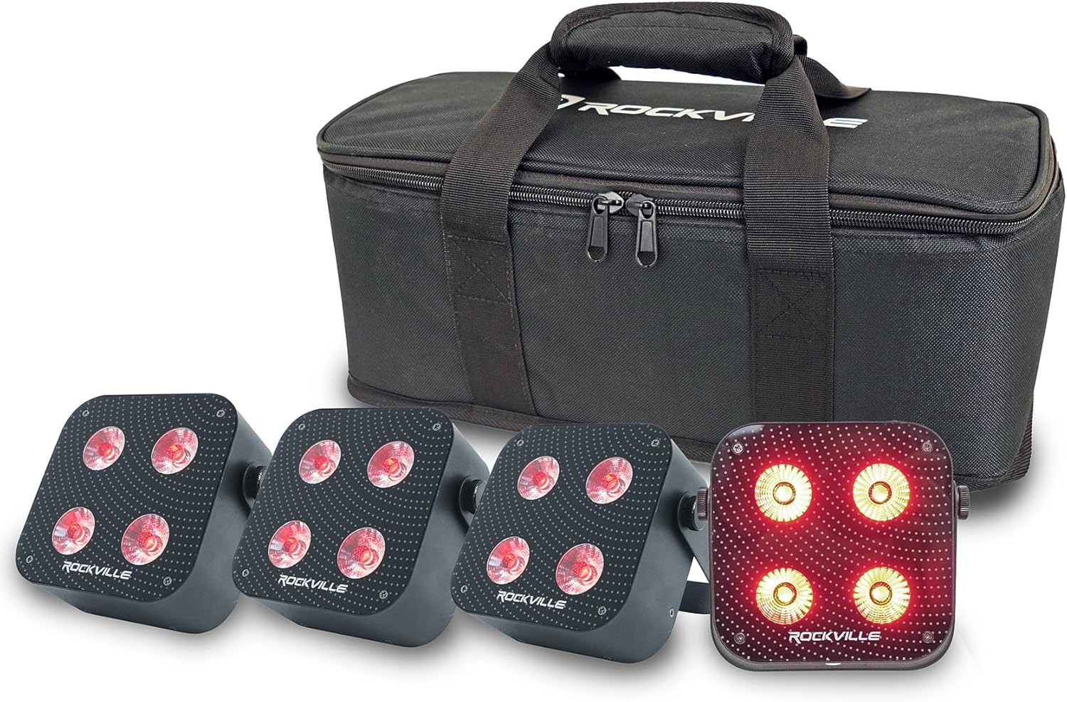 Rockville 4 Pack MINI IR4 Black 48W LED Par Wash Lights, 4x12W RGBWA+UV, Wireless DMX, App Group Control, Rechargeable Battery, Travel Bag, for DJs and Party Events