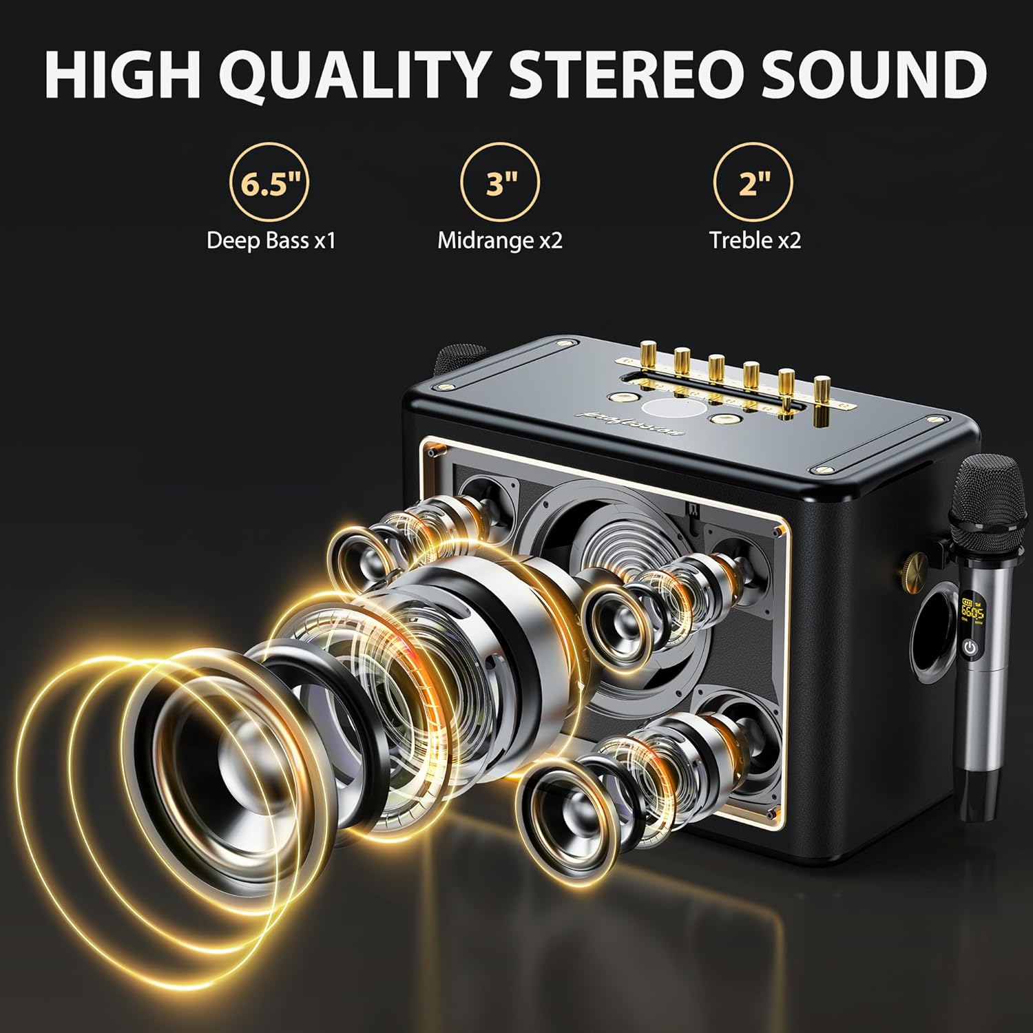 JYX Karaoke Machine with 2 Wireless Microphones, Portable Bluetooth Singing PA System Bass/Treble Adjustment, Supports TV Connetion/Bluetooth/USB/TF/AUX for Home Party