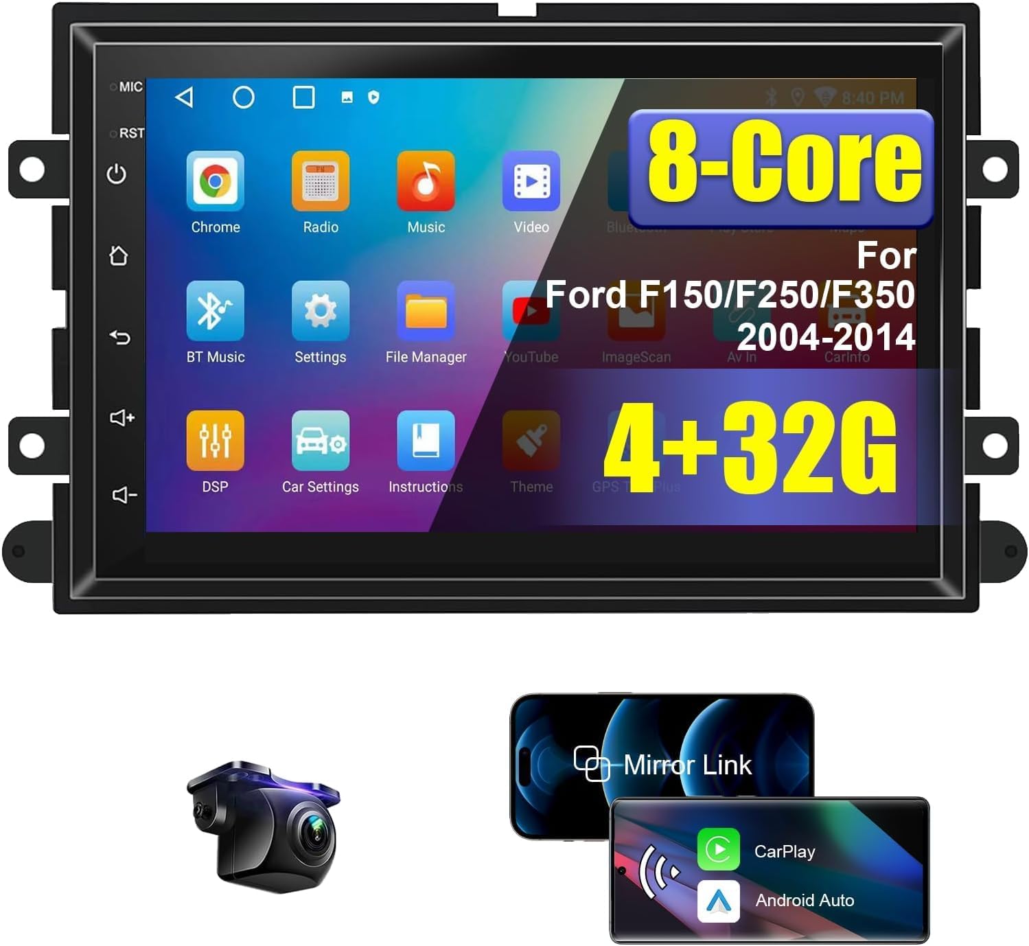 4+32G 8 Core Car Radio Stereo for Ford F150 2004-2008, F250 F350 2006-2014 with Wireless Carplay Android Auto 7 Inch HD Touchscreen Android Car Radio Stereo with Backup Camera Bluetooth AM/FM/RDS SWC