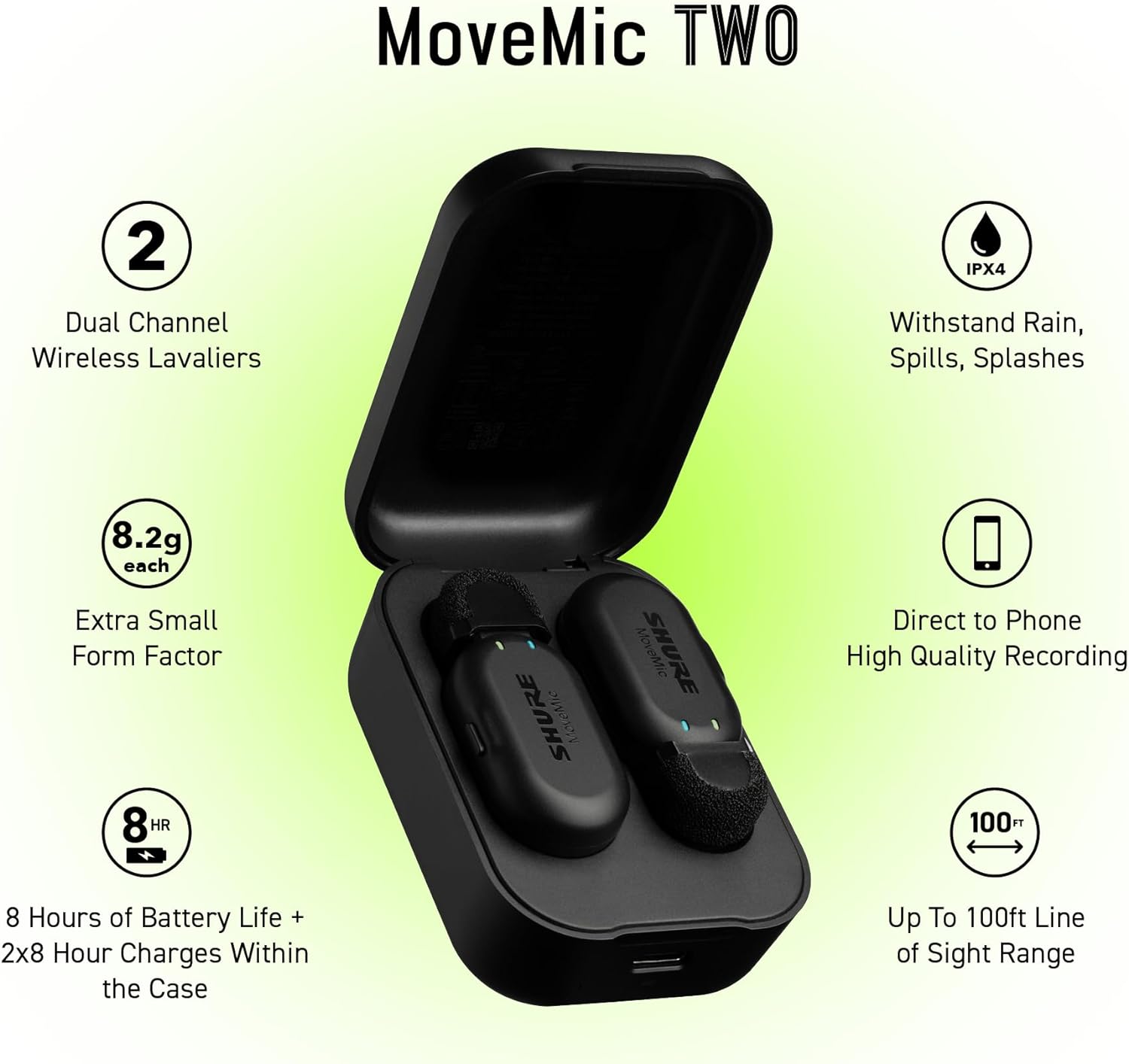 Shure MoveMic Two - Pro Direct to Phone Wireless Lavalier Microphones for iPhone & Android, 2 Bluetooth Mini Mics, 24 Hours Charge, Quick Set Up, IPX4, Compact & Portable Clip Lavs (MV-Two-Z7)