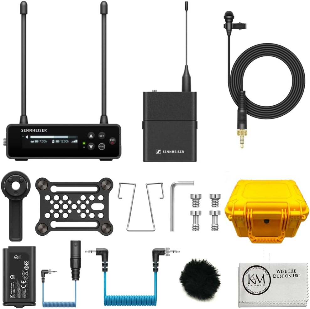 Sennheiser EW-DP ME 2 Set Camera-Mount Digital Wireless Omni Lavalier Mic System | Q1-6: 470 to 526 MHz Bundle with Furry Windscreen + Waterproof Hard Case + Cloth (4 Items)
