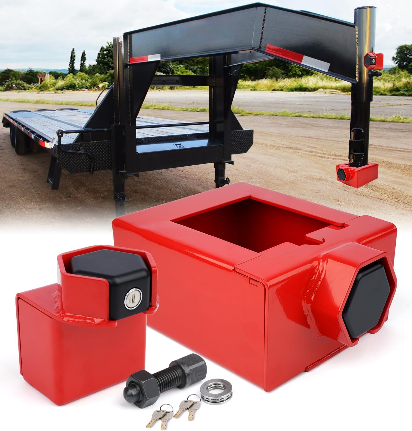 Gooseneck Trailer Lock Fit for Most 7-Inch Bottom Plate Couplers, Patent Designed Trailer Lock Kit w/Lock, Red