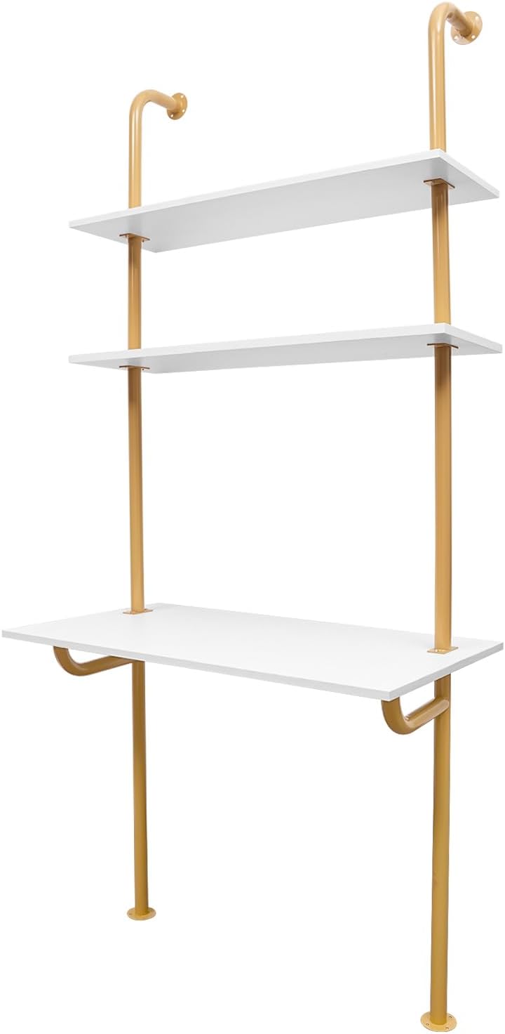 3 Tiers Wall Mounted Ladder Style Computer Laptop Desk, Industrial Wall Mount Desk with Shelves & Power Strip as Work Platform, Desk 36 x 20 Inch (Gold + White)