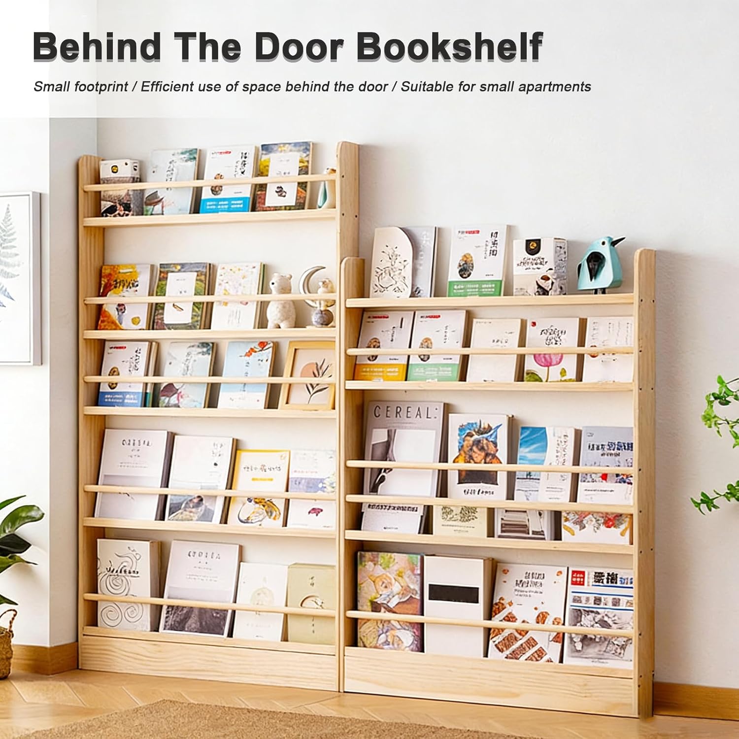 Behind The Door Bookshelf, Solid Wood Bookcases, Open Display Shelves, Space-Saving Organizer, Wall Mount Shelf, for Books in Bedroom, Living Room Natural Wood Color 4F-70cm