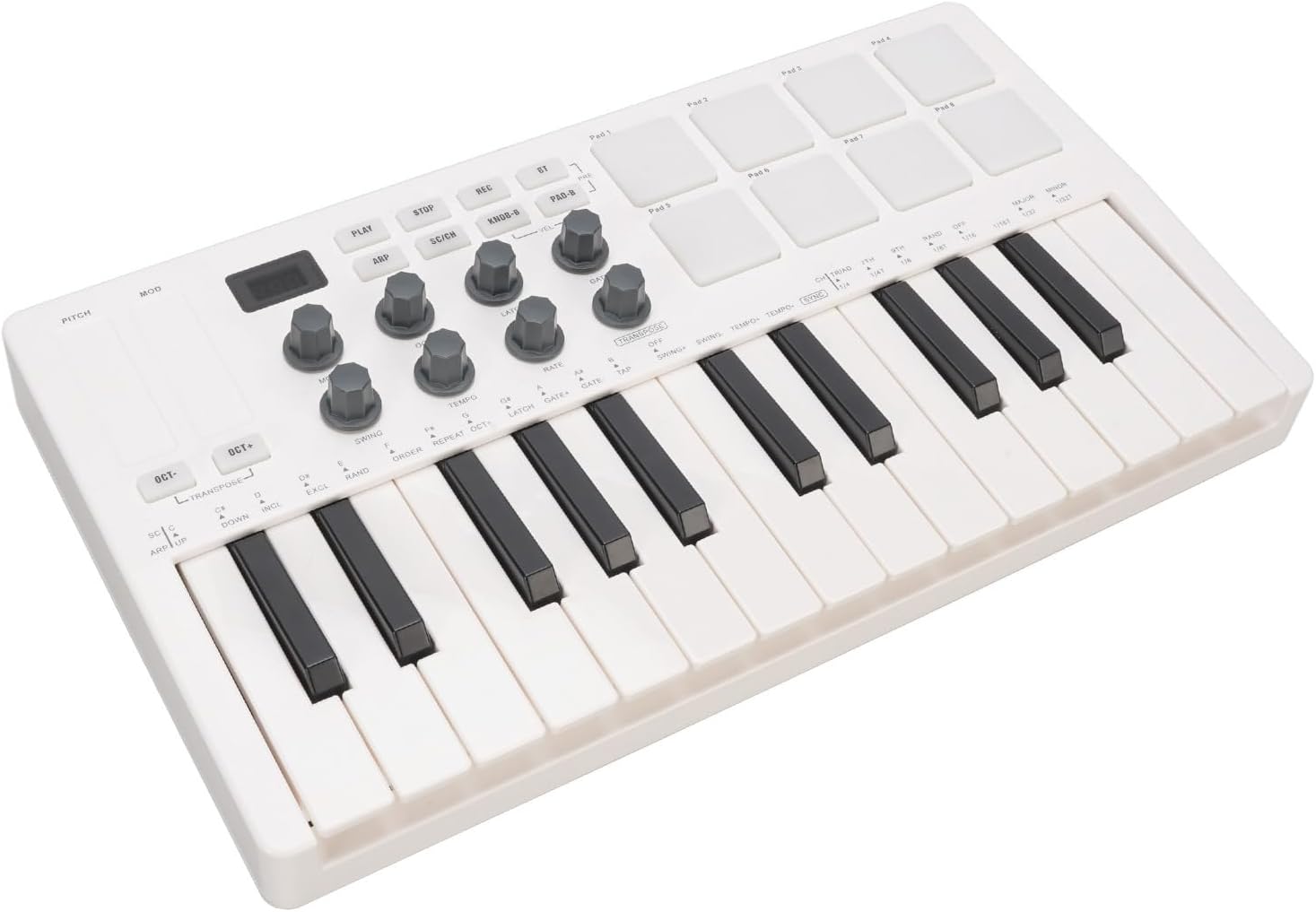 Portable Bluetooth MIDI Keyboard Controller, 25 Key MIDI Controller with 8 Backlit Drum Pads & 8 Knobs, for Musician Music Production