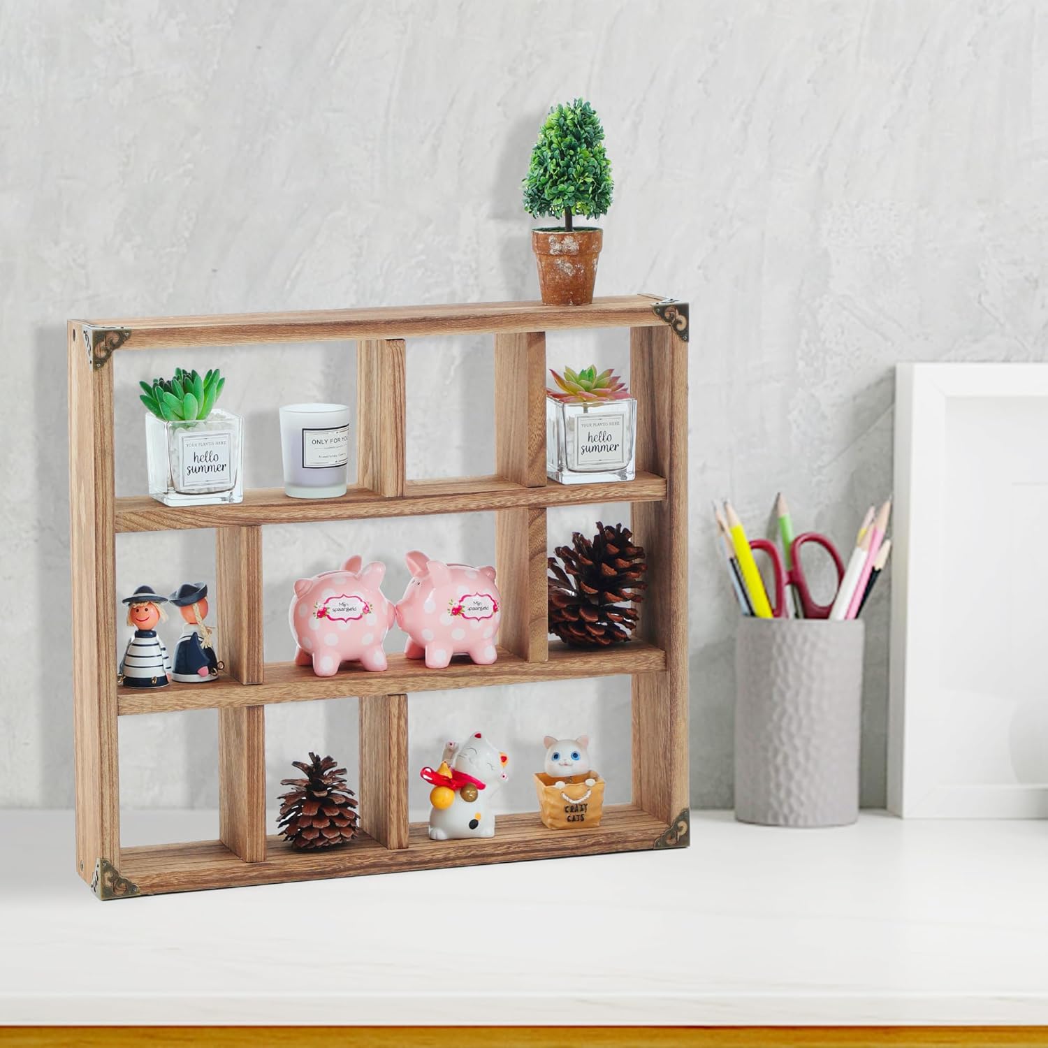 Generic FIRMINANA 17.7 Inch Solid Wood Display Shelf -Sef of 2- Shadow Box 9-Slot Wood Floating Shelves Larger Shelf Lightweight (Brown)