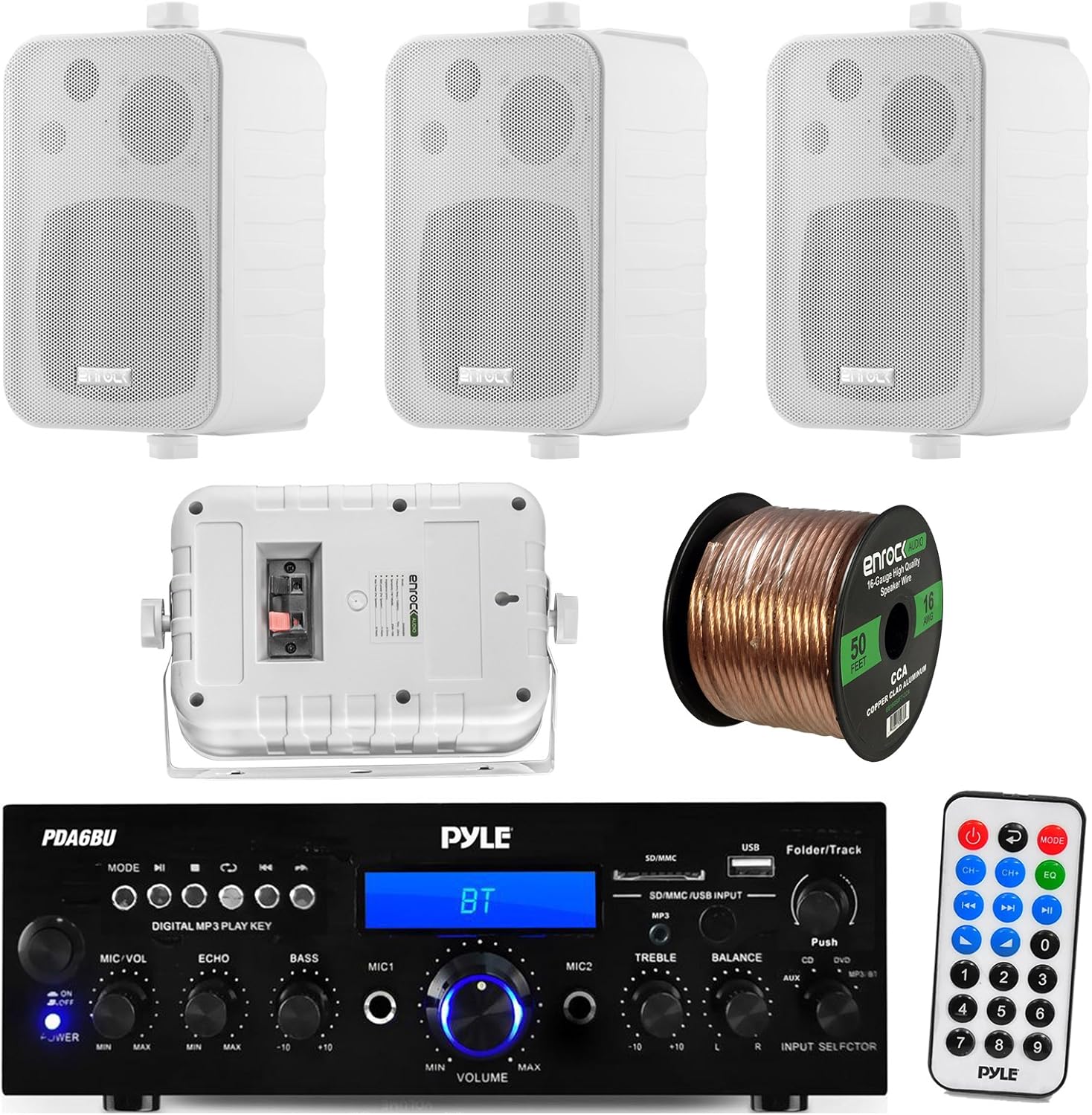 Pyle PDA6BU 200-Watt 2-Channel Digital USB/AUX FM Radio Stereo Amplifier Receiver, Bundle Combo With 4x Enrock EKMR408W 4