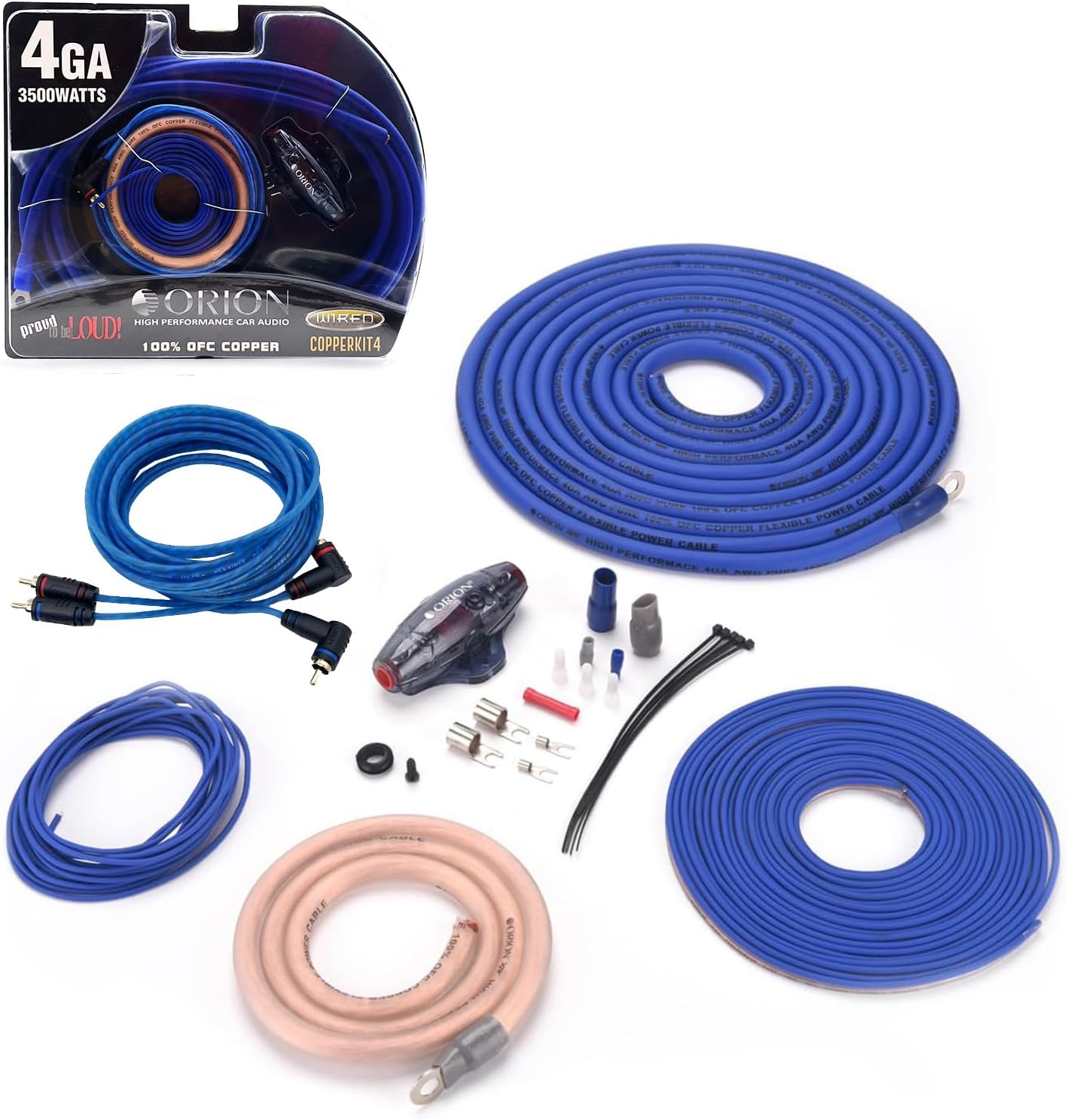 Orion COPPERKIT4 Complete Amp Wiring Kit | 4-Gauge Wire, 3500W, High Current Subwoofer Wiring Kit, DIY Installation Cables, OFC Copper, Includes Fuse Holder, Speaker Wire, RCA Cable