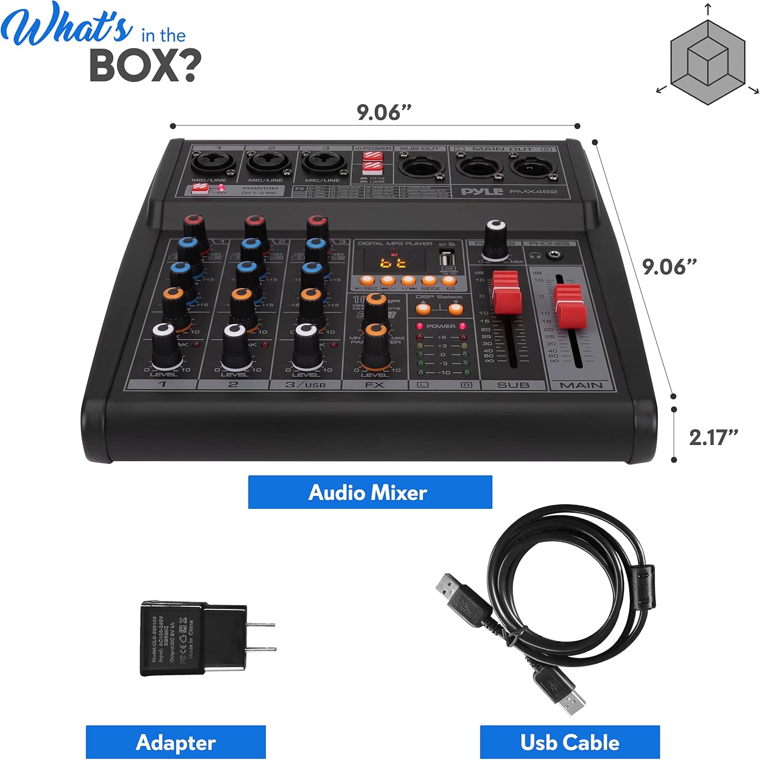 Pyle Professional DJ Audio Mixer - 3-Channel Controller with 16 Preset DSP Effects - USB Interface - 3 Mic/Line Inputs - +48V Phantom Power - Built-in FX Processor - MP3 Player/Headphone Jack - PMX462