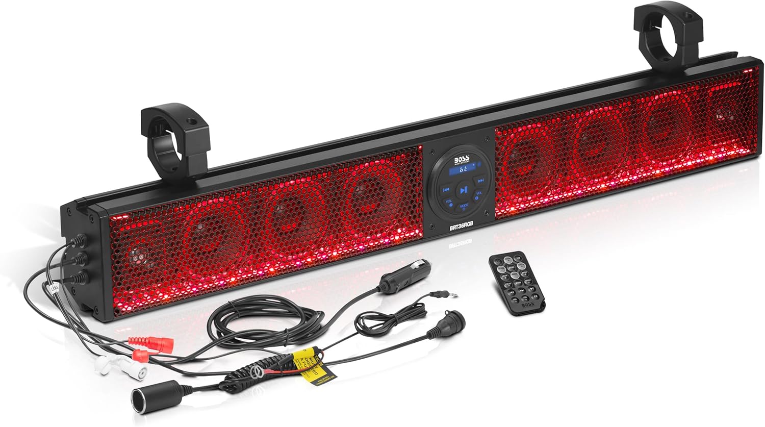 BOSS Audio Systems BRT36RGB ATV UTV Sound Bar - 36 Inches Wide, 4 inch Speakers, Full Range, 1 Inch Tweeters, IPX5 Weatherproof, Bluetooth, Built-in Amplifier, USB Port, Multicolor Illumination
