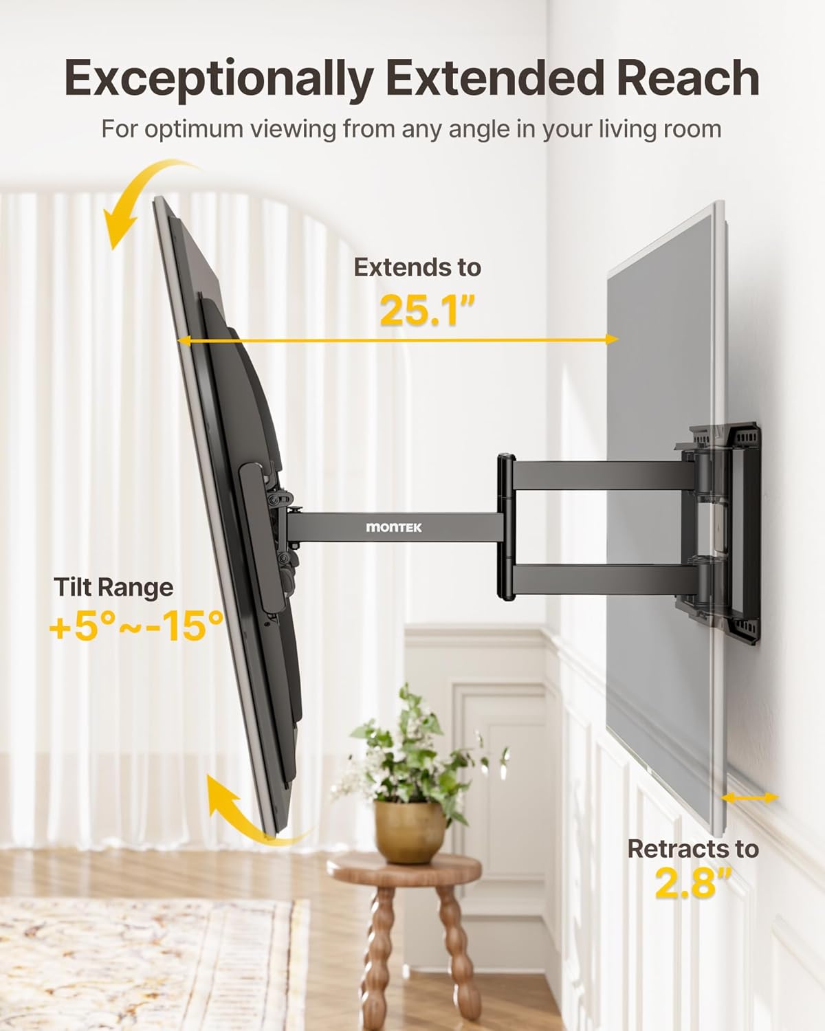 monTEK Heavy-Duty Full Motion TV Wall Mount Bracket for 50–100″ TVs up to 200 lbs – 4X Load Tested, Dual Arm Extension to 25.1″, Tool-Free Tilt/Swivel/Level, Max VESA 900×600, Fits 12/16/18/24